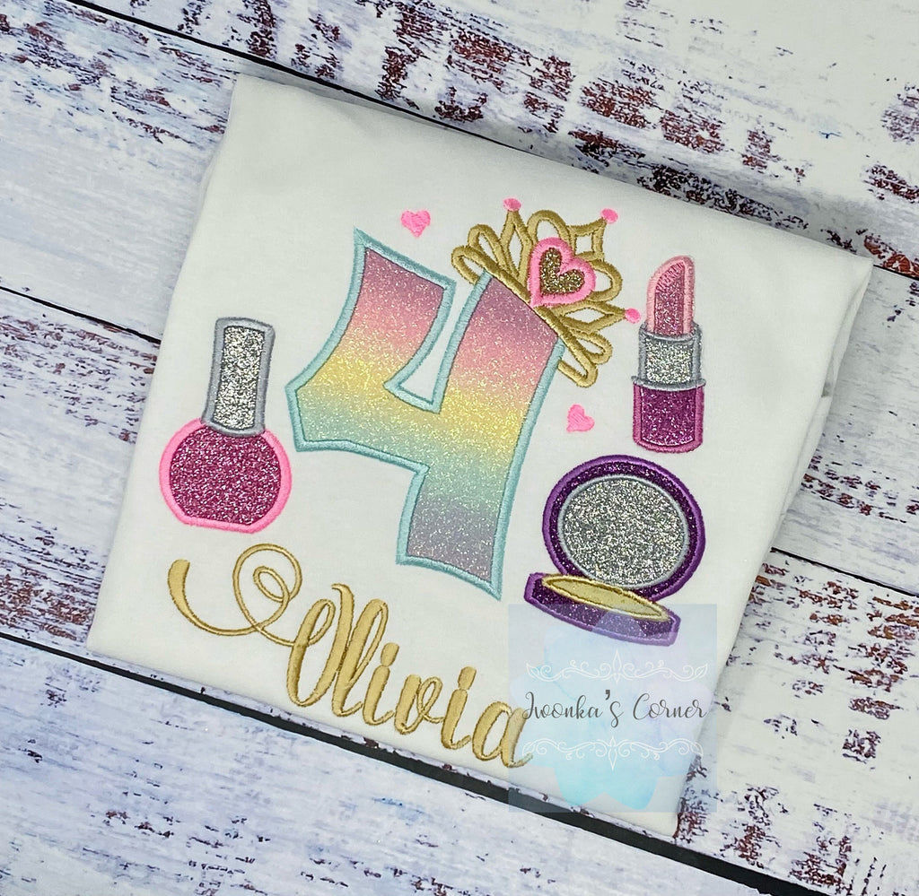 Girl 5th Birthday Shirt with Make up, Princess Birthday Shirt, Number with Tiara, Lipstick, Glam Party, Make up Birthday Party