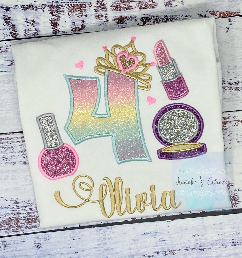Girl 5th Birthday Shirt with Make up, Princess Birthday Shirt, Number with Tiara, Lipstick, Glam Party, Make up Birthday Party