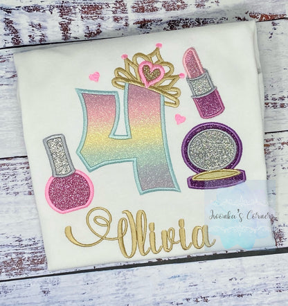 Girl 5th Birthday Shirt with Make up, Princess Birthday Shirt, Number with Tiara, Lipstick, Glam Party, Make up Birthday Party