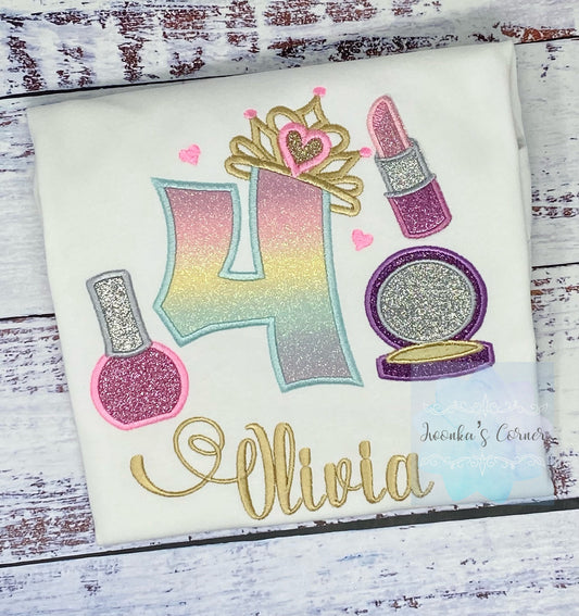 Girl 5th Birthday Shirt with Make up, Princess Birthday Shirt, Number with Tiara, Lipstick, Glam Party, Make up Birthday Party