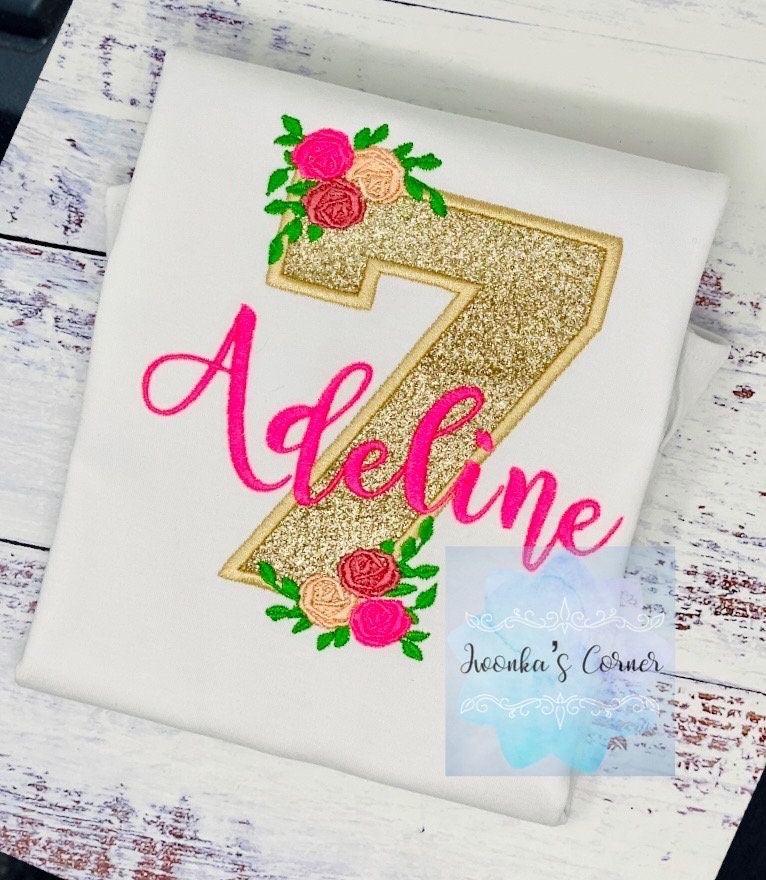 Golden 7th birthday shirt, Gold glitter, Floral birthday shirt, Flower, Roses, Hot pink name , Personalized applique shirt
