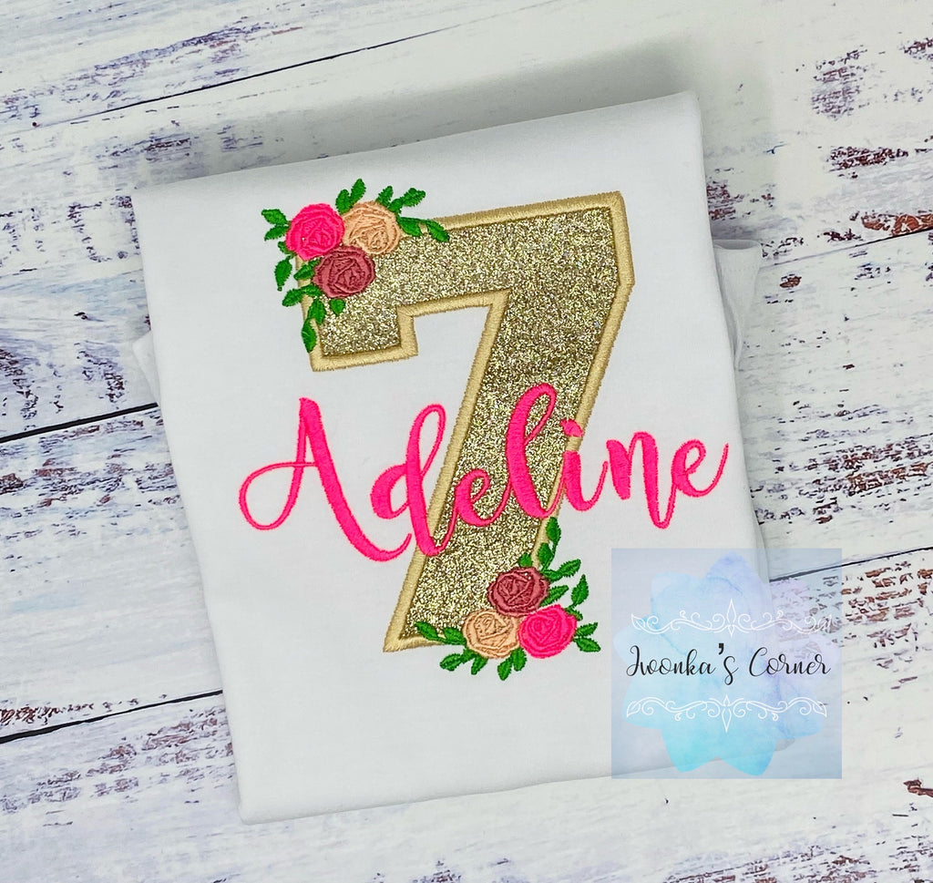 Golden 7th birthday shirt, Gold glitter, Floral birthday shirt, Flower, Roses, Hot pink name , Personalized applique shirt