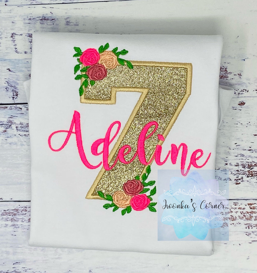 Golden 7th birthday shirt, Gold glitter, Floral birthday shirt, Flower, Roses, Hot pink name , Personalized applique shirt