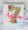 Golden 7th birthday shirt, Gold glitter, Floral birthday shirt, Flower, Roses, Hot pink name , Personalized applique shirt