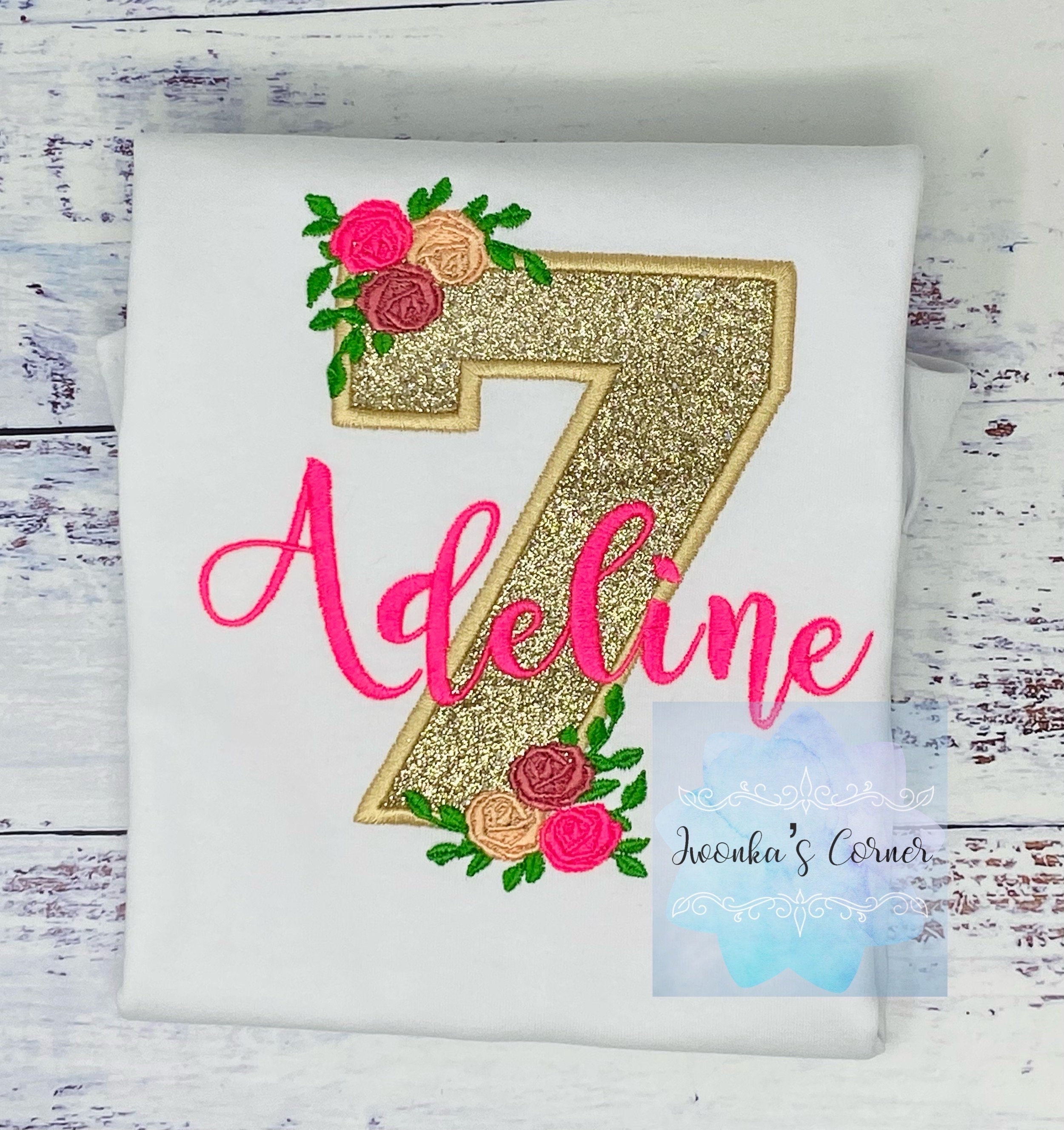 Golden 7th birthday shirt, Gold glitter, Floral birthday shirt, Flower, Roses, Hot pink name , Personalized applique shirt