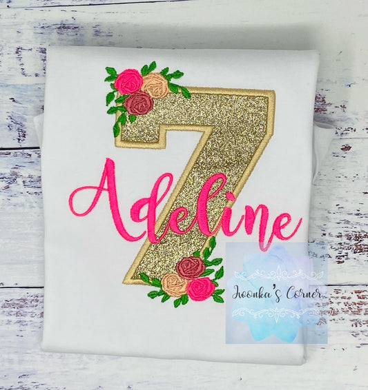 Golden 7th birthday shirt, Gold glitter, Floral birthday shirt, Flower, Roses, Hot pink name , Personalized applique shirt