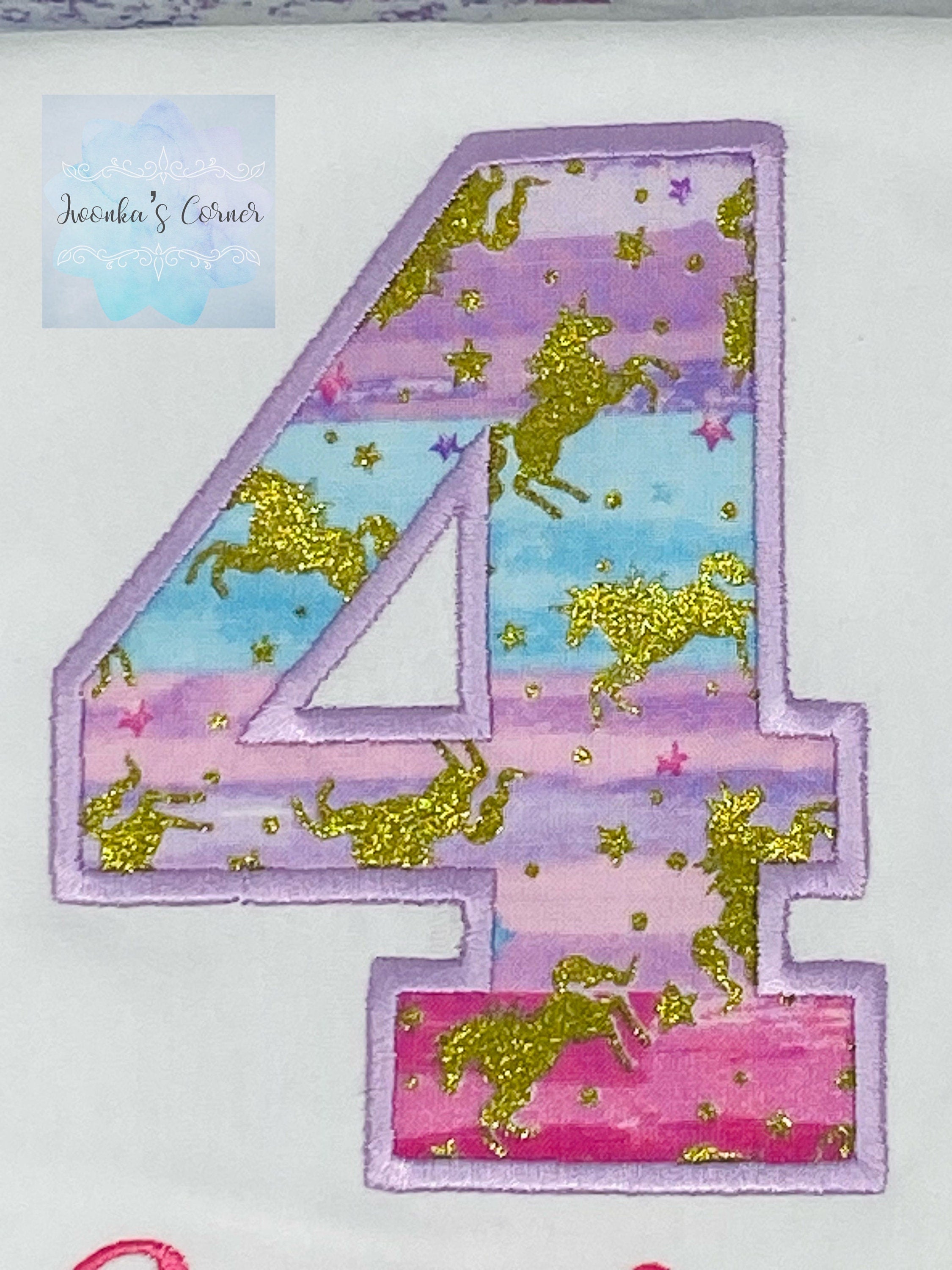 4th Birthday Unicorn Shirt, Girl colorful Uni Birthday Number, Gold unicorn tee, Number unicorn embroidery, Any age