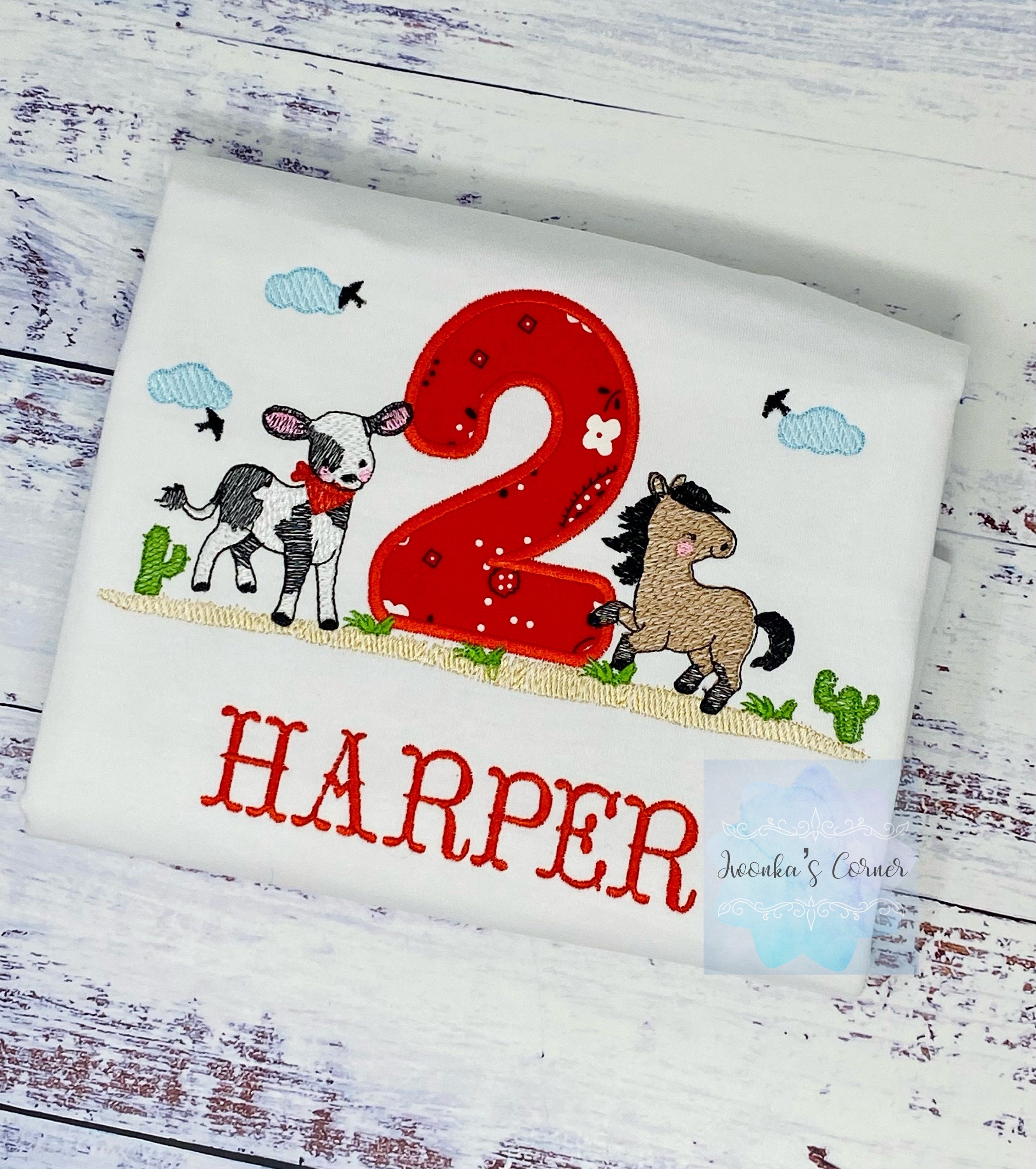 Girl 2nd cowgirl theme birthday shirt, Baby cow and horse embroidery, Western birthday tee, Any age, Shirt with pony