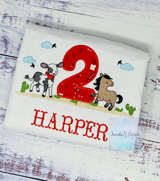 Girl 2nd cowgirl theme birthday shirt, Baby cow and horse embroidery, Western birthday tee, Any age, Shirt with pony