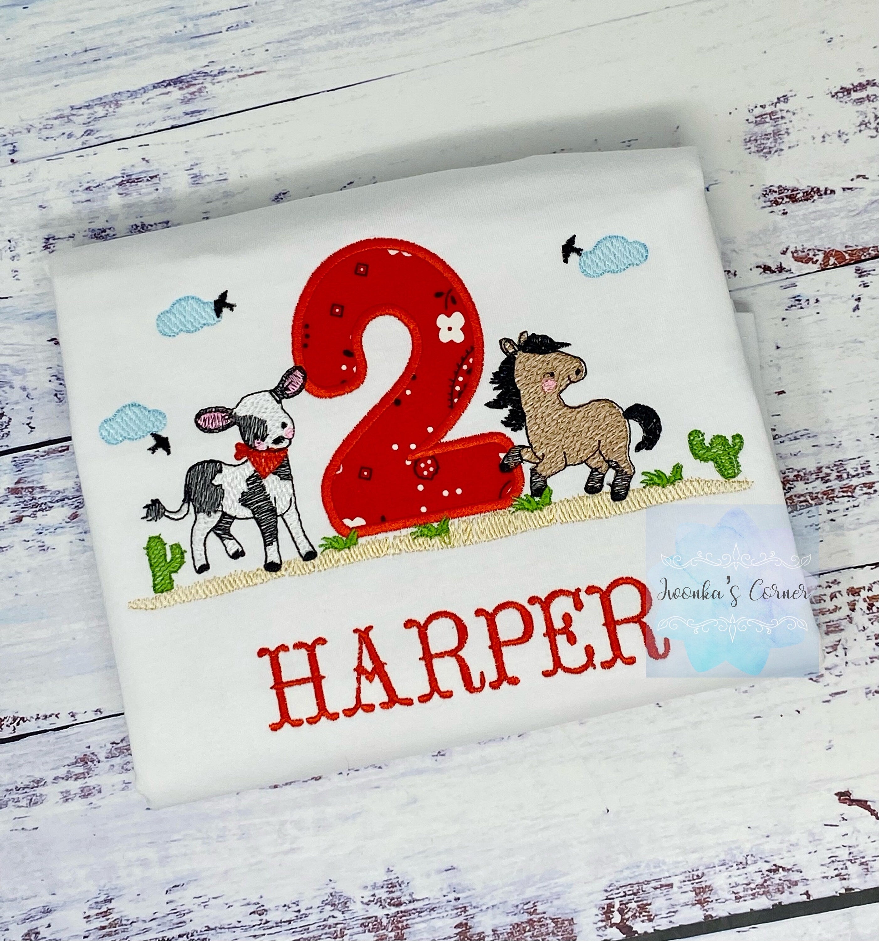 Girl 2nd cowgirl theme birthday shirt, Baby cow and horse embroidery, Western birthday tee, Any age, Shirt with pony