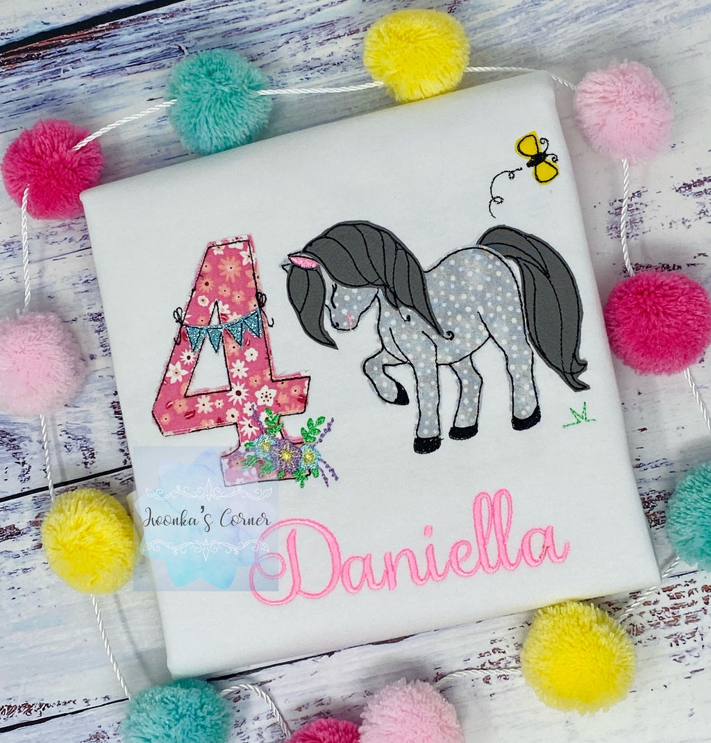 Girl 4th birthday tee with horse, Embroidered shirt with pony, Dappled grey horse, Bay horse, Any color, Any age