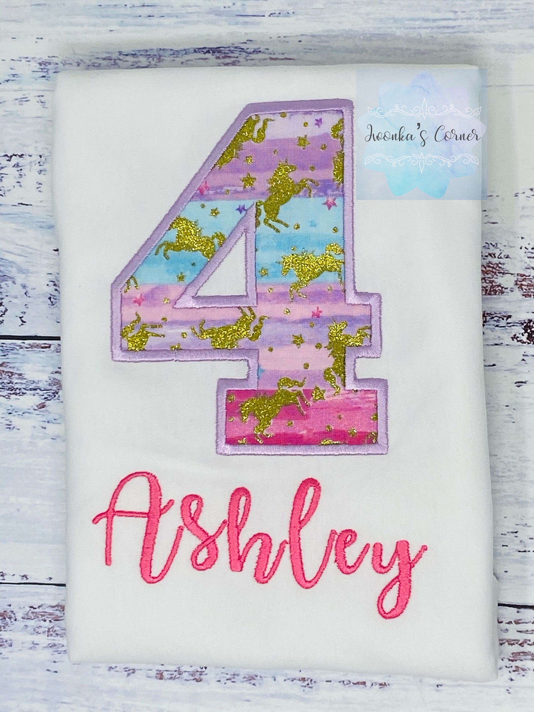 4th Birthday Unicorn Shirt, Girl colorful Uni Birthday Number, Gold unicorn tee, Number unicorn embroidery, Any age