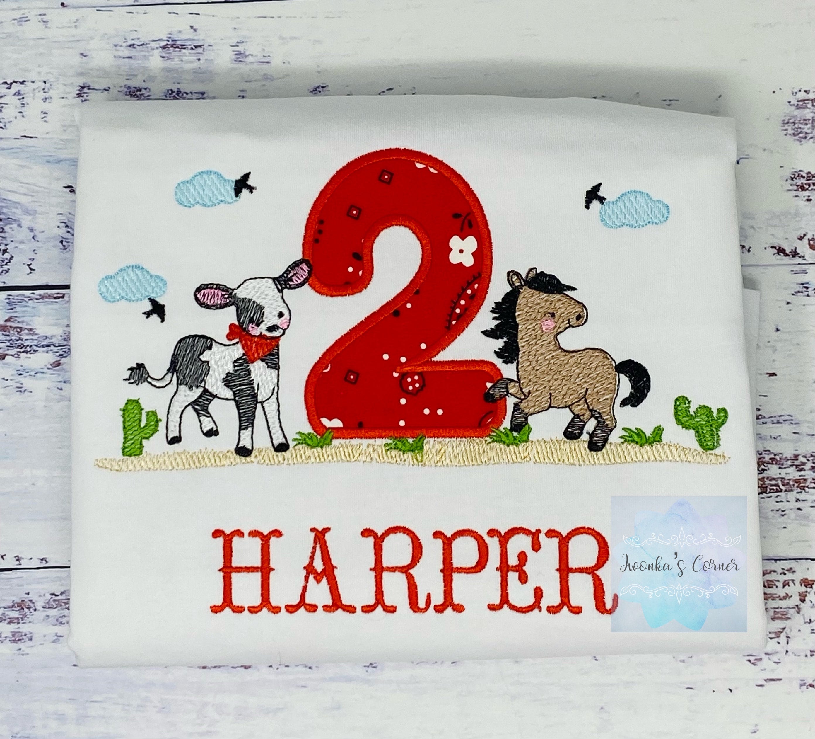 Girl 2nd cowgirl theme birthday shirt, Baby cow and horse embroidery, Western birthday tee, Any age, Shirt with pony