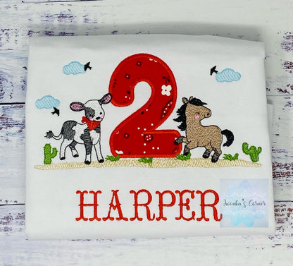 Girl 2nd cowgirl theme birthday shirt, Baby cow and horse embroidery, Western birthday tee, Any age, Shirt with pony
