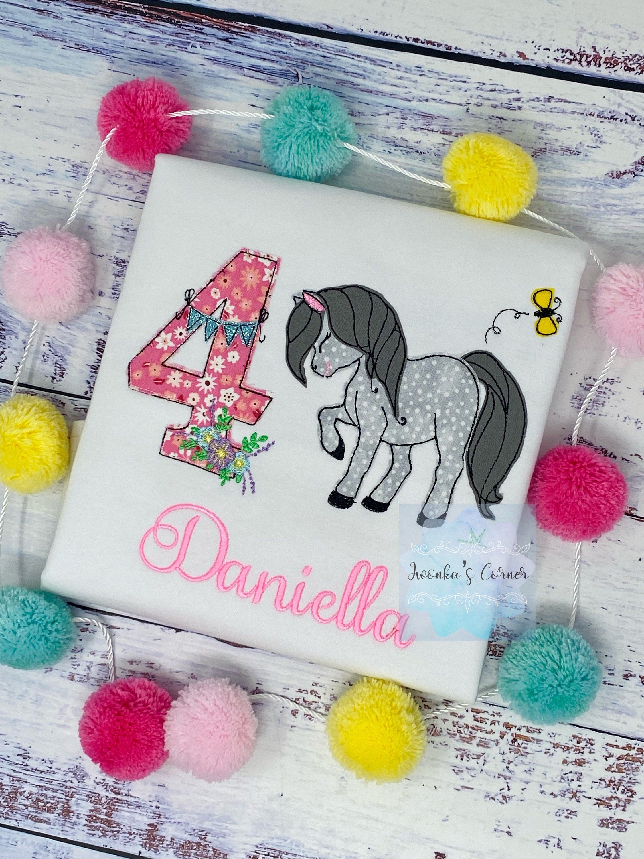 Girl 4th birthday tee with horse, Embroidered shirt with pony, Dappled grey horse, Bay horse, Any color, Any age