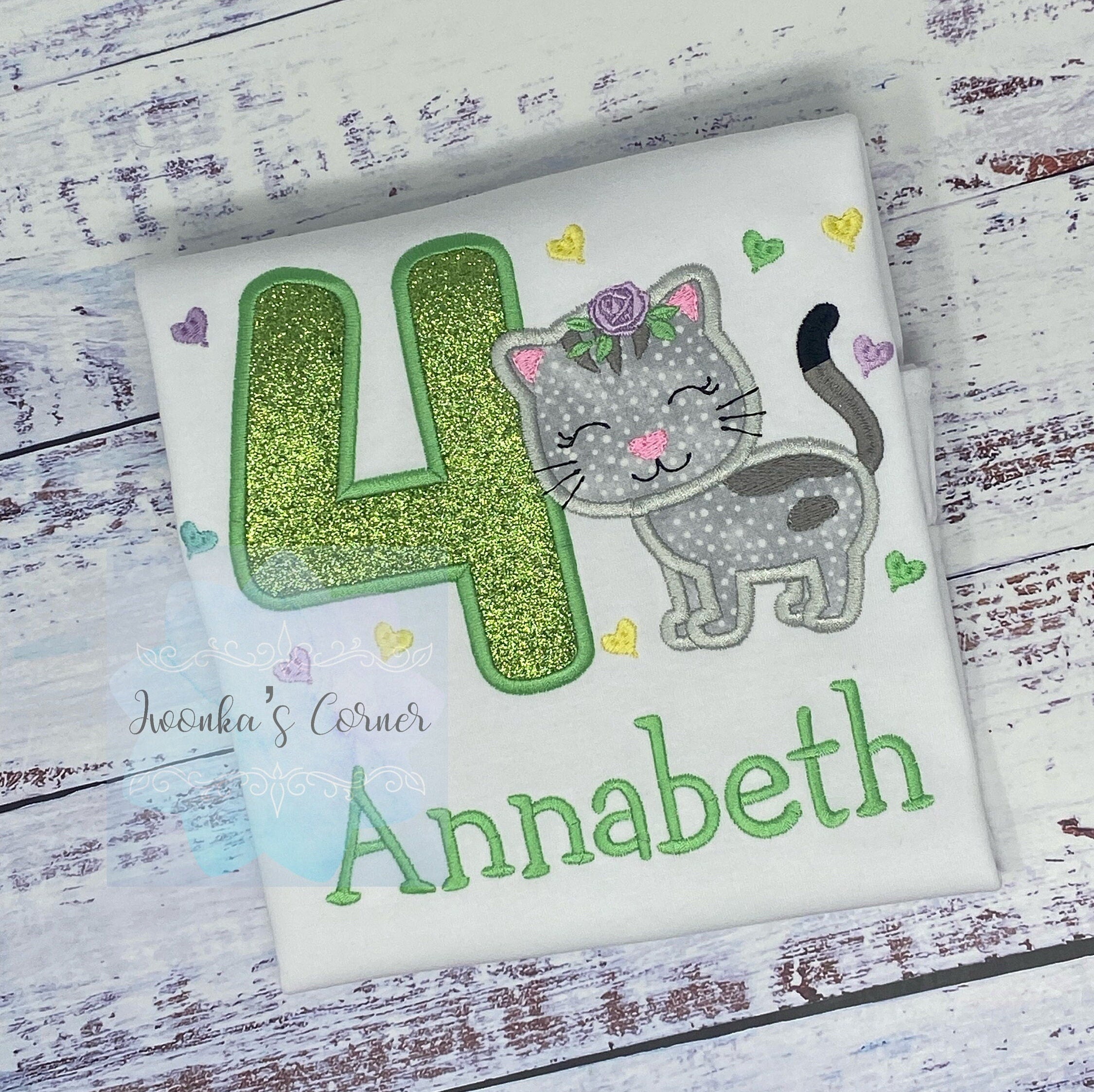 Girl 4th Birthday Shirt with Kitten, Personalized Shirt with Cute Grey Cat, Tee with cat
