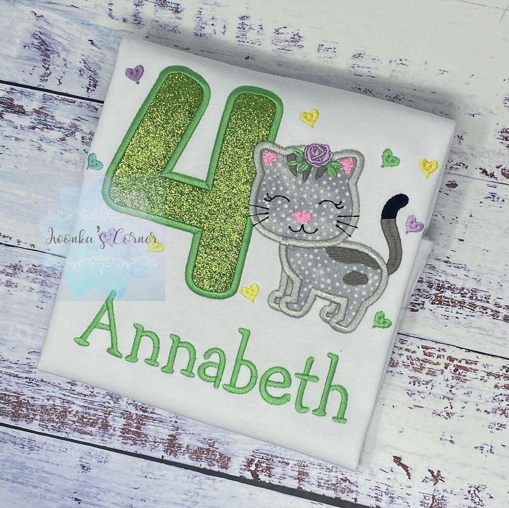 Girl 4th Birthday Shirt with Kitten, Personalized Shirt with Cute Grey Cat, Tee with cat