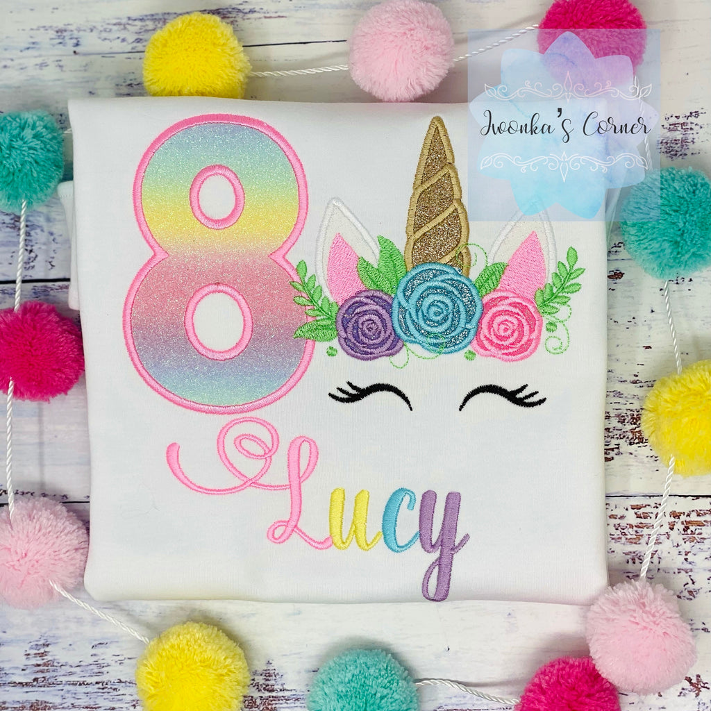 Girl 8th birthday unicorn shirt, Rainbow unicorn shirt for a girl, Unicorn party outfit , Sparkly embroidery unicorn, Custom embroidered uni