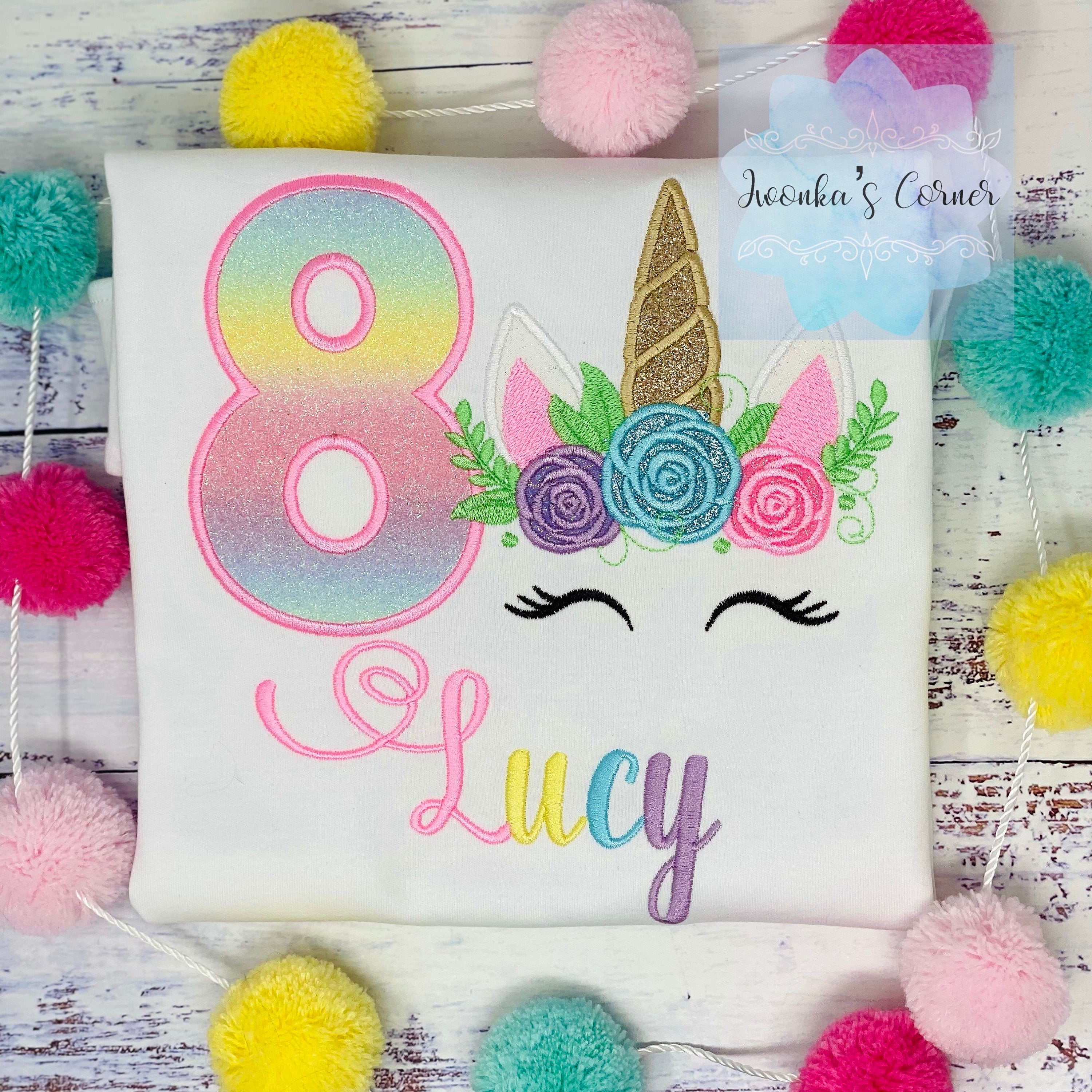 Girl 8th birthday unicorn shirt, Rainbow unicorn shirt for a girl, Unicorn party outfit , Sparkly embroidery unicorn, Custom embroidered uni