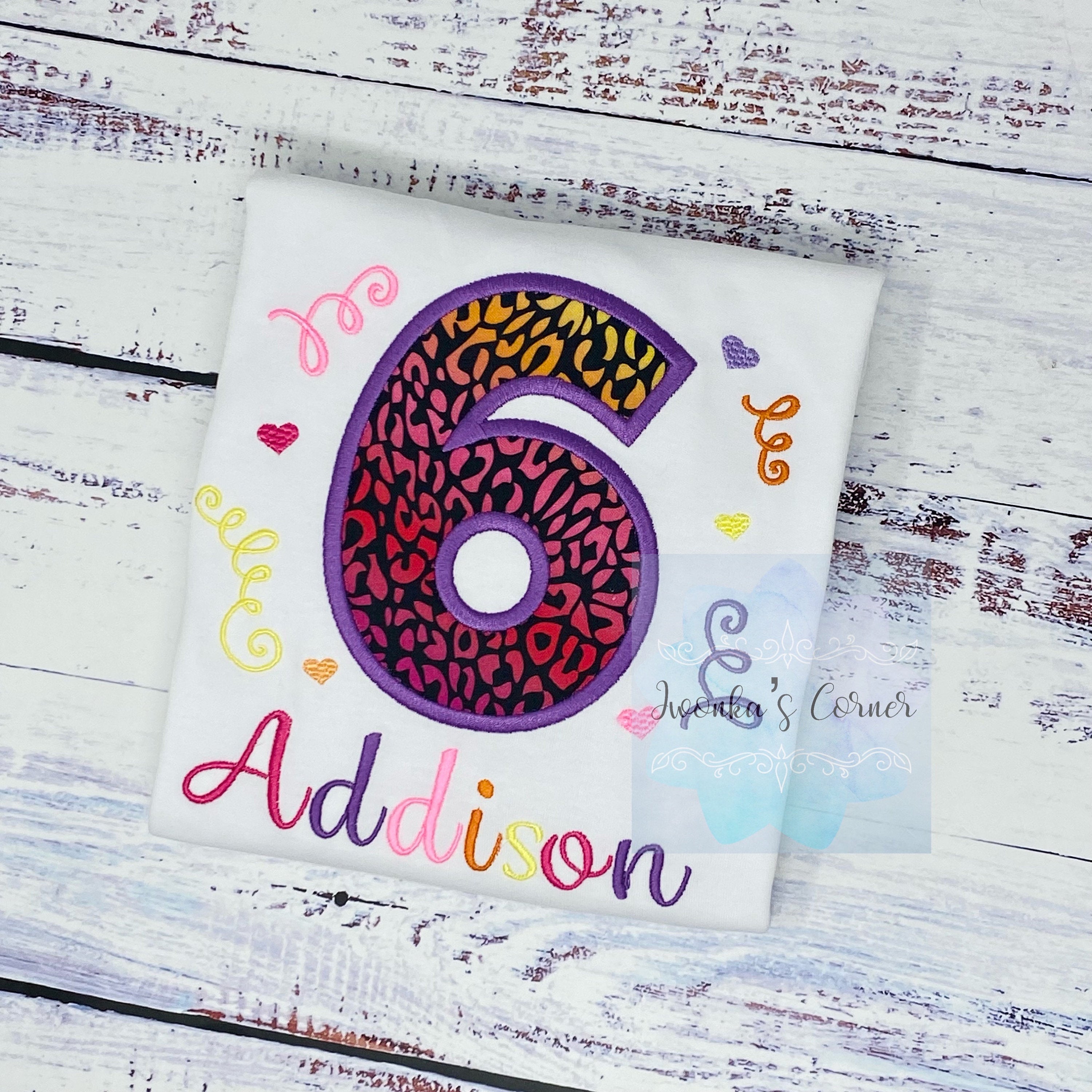 Girl 6th birthday shirt with cheetah print and number, Rainbow Cheetah embroidery, Leopard print birthday shirt, Made for any age