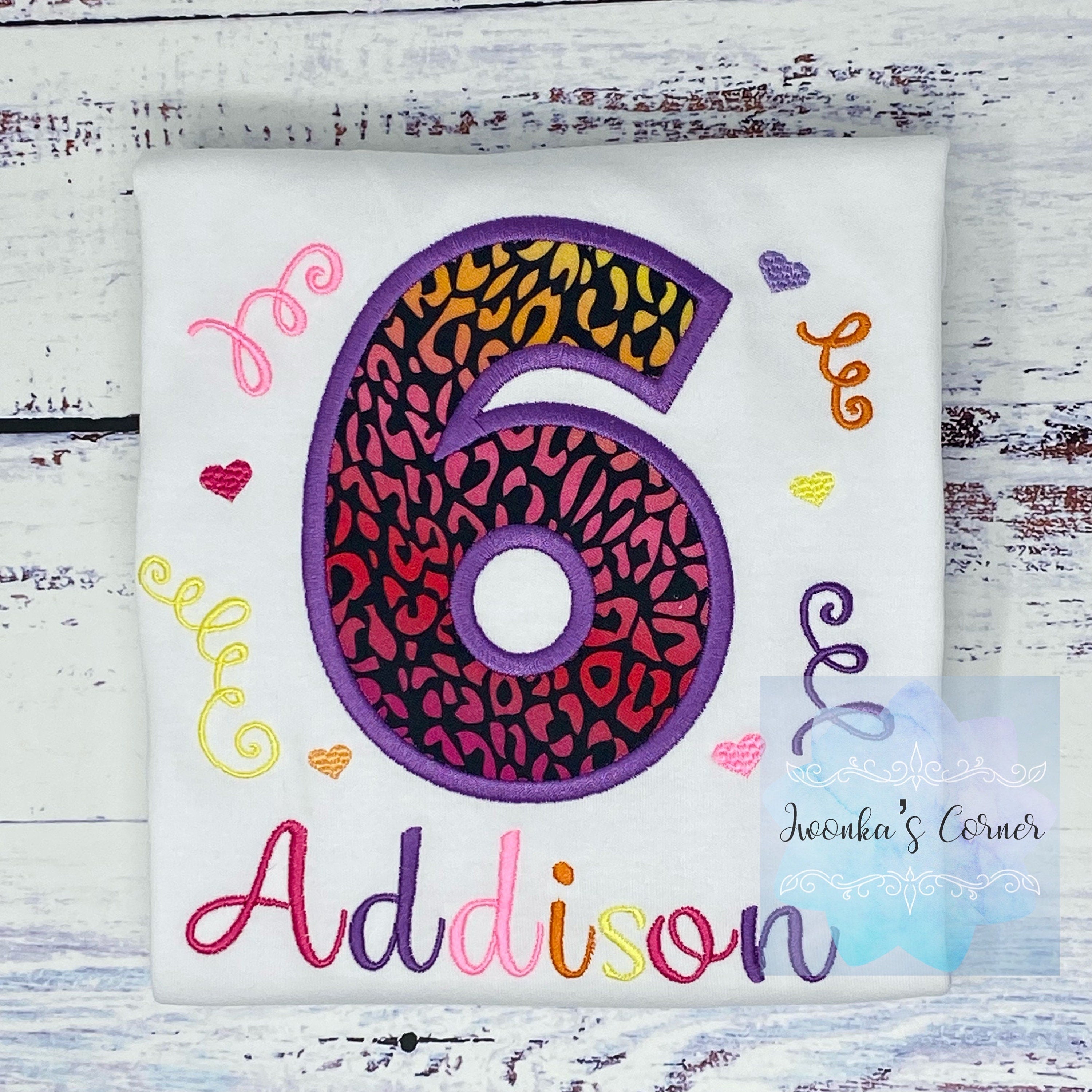 Girl 6th birthday shirt with cheetah print and number, Rainbow Cheetah embroidery, Leopard print birthday shirt, Made for any age