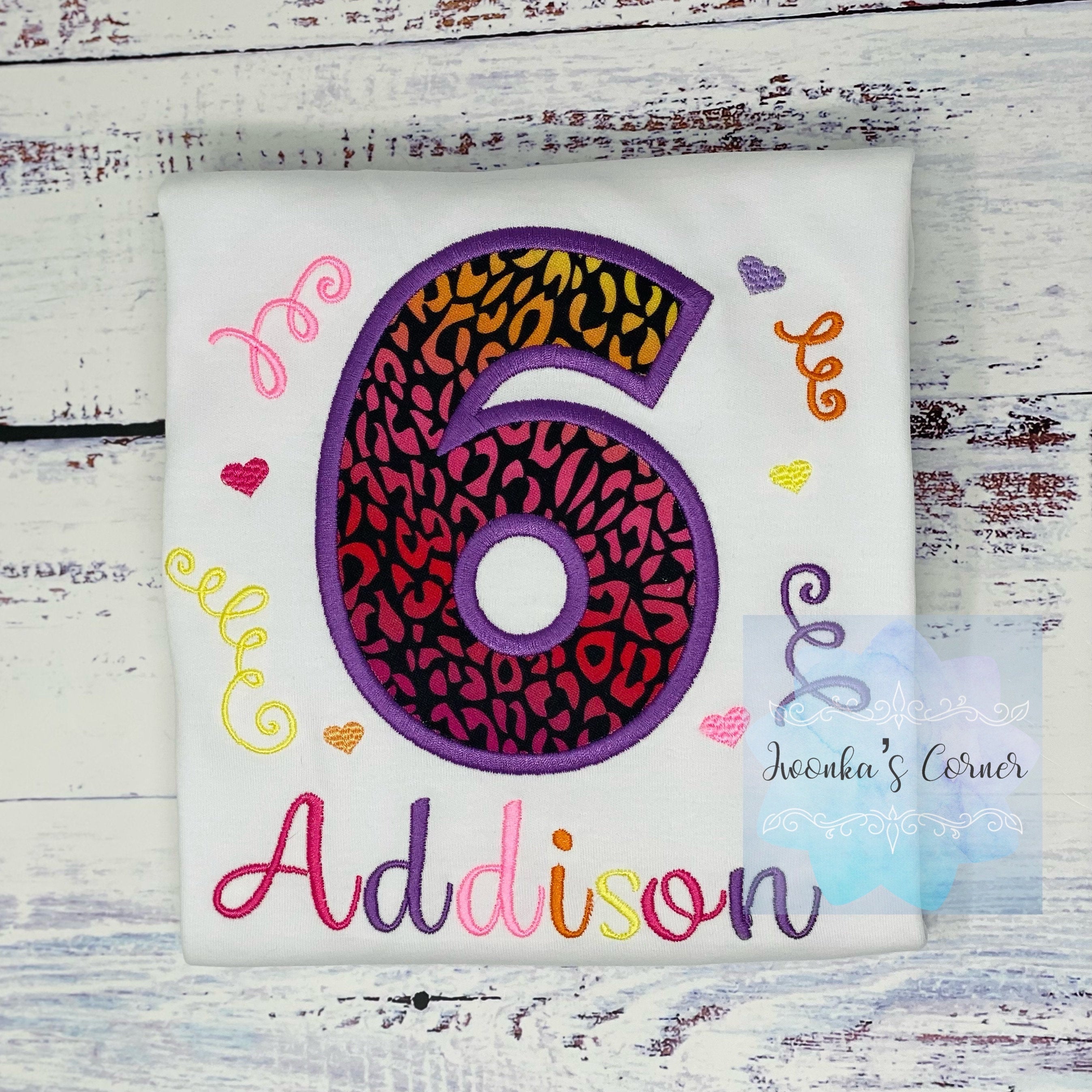 Girl 6th birthday shirt with cheetah print and number, Rainbow Cheetah embroidery, Leopard print birthday shirt, Made for any age
