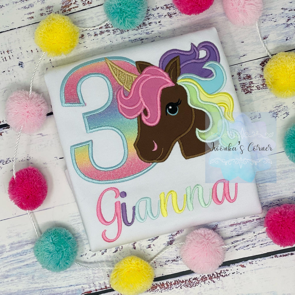 3rd Birthday Pastel Unicorn Shirt, Girl Rainbow Pastel Unicorn Birthday, Gold Horn Unicorn , Rainbow Unicorn, Brown uni embroidery