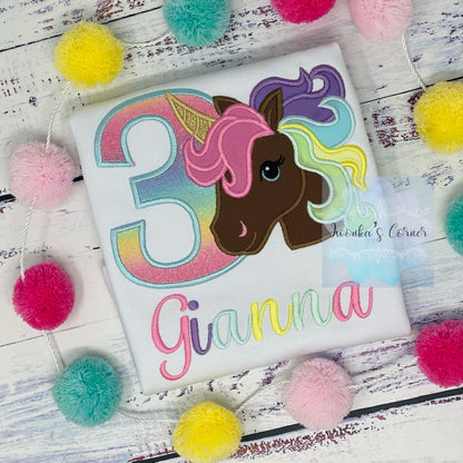 3rd Birthday Pastel Unicorn Shirt, Girl Rainbow Pastel Unicorn Birthday, Gold Horn Unicorn , Rainbow Unicorn, Brown uni embroidery