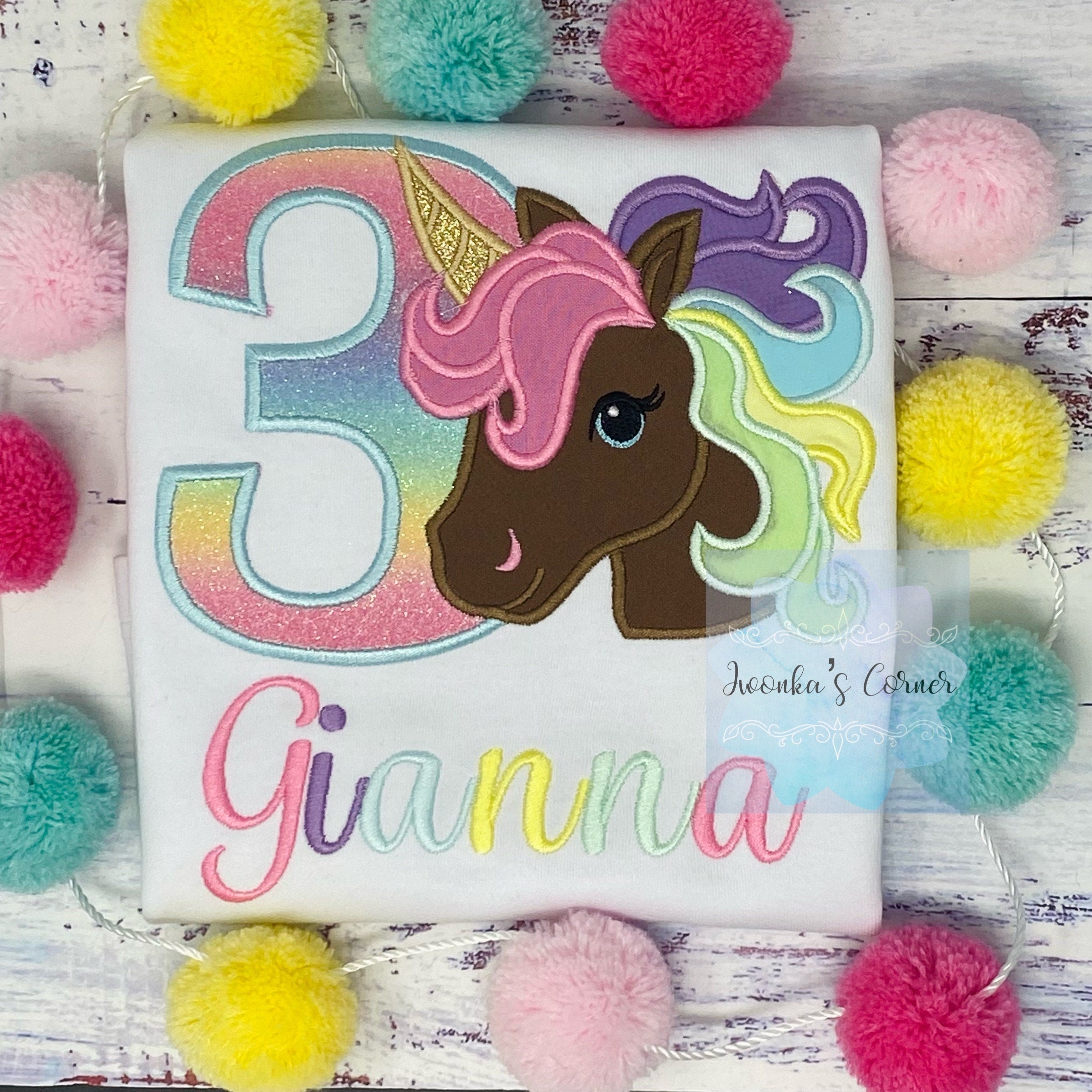 3rd Birthday Pastel Unicorn Shirt, Girl Rainbow Pastel Unicorn Birthday, Gold Horn Unicorn , Rainbow Unicorn, Brown uni embroidery