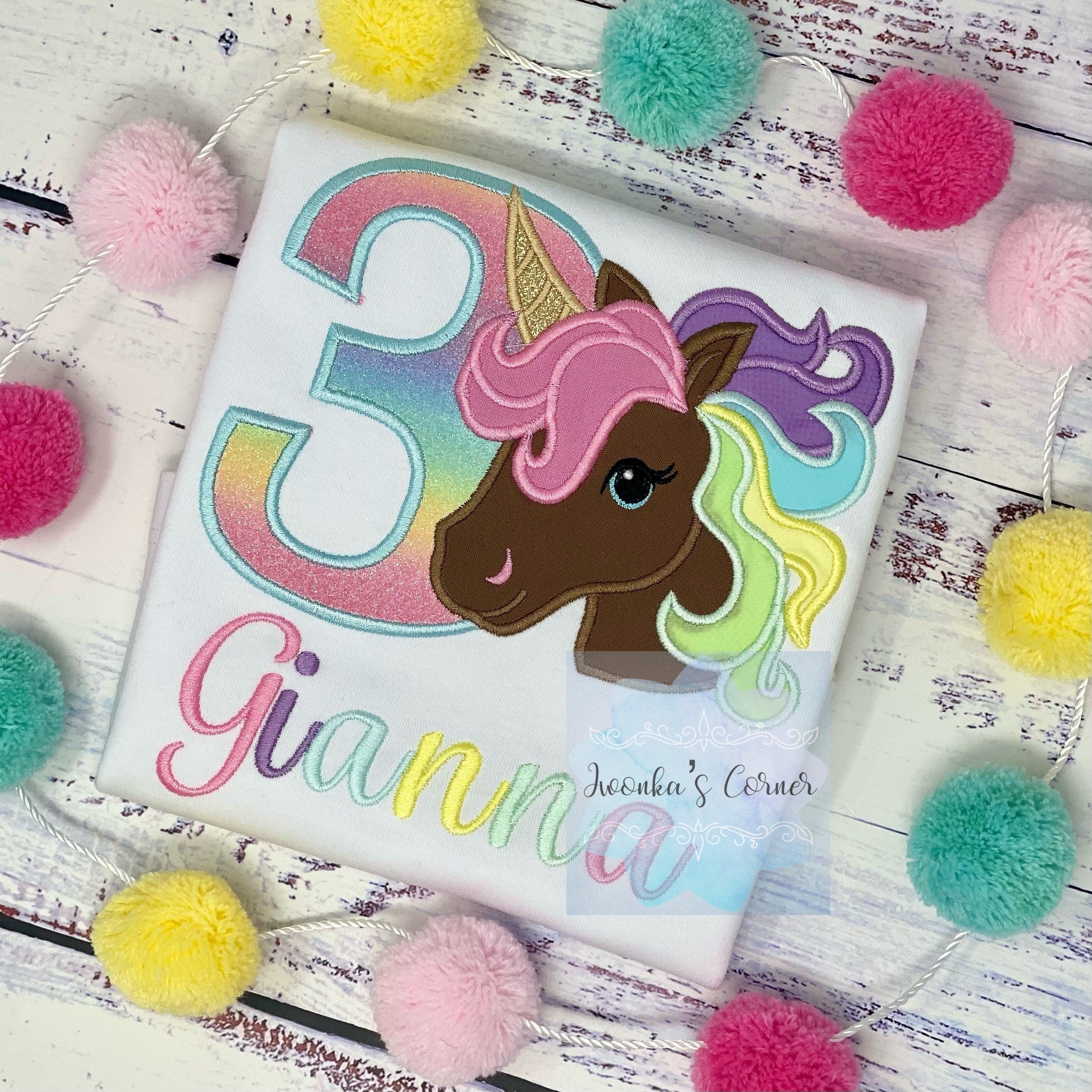 4th Birthday Pastel Unicorn Shirt, Girl Rainbow Pastel Unicorn Birthday, Gold Horn Unicorn , Rainbow Unicorn, Brown uni embroidery