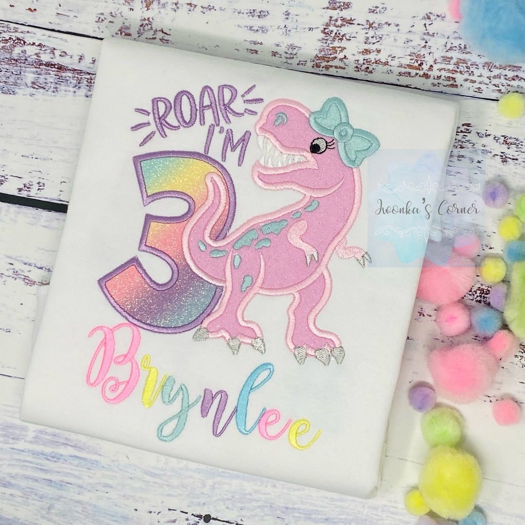 Girl 3rd birthday T Rex embroidery shirt, Dinosaur themed shirt, Pink dinosaur embroidery, Any age