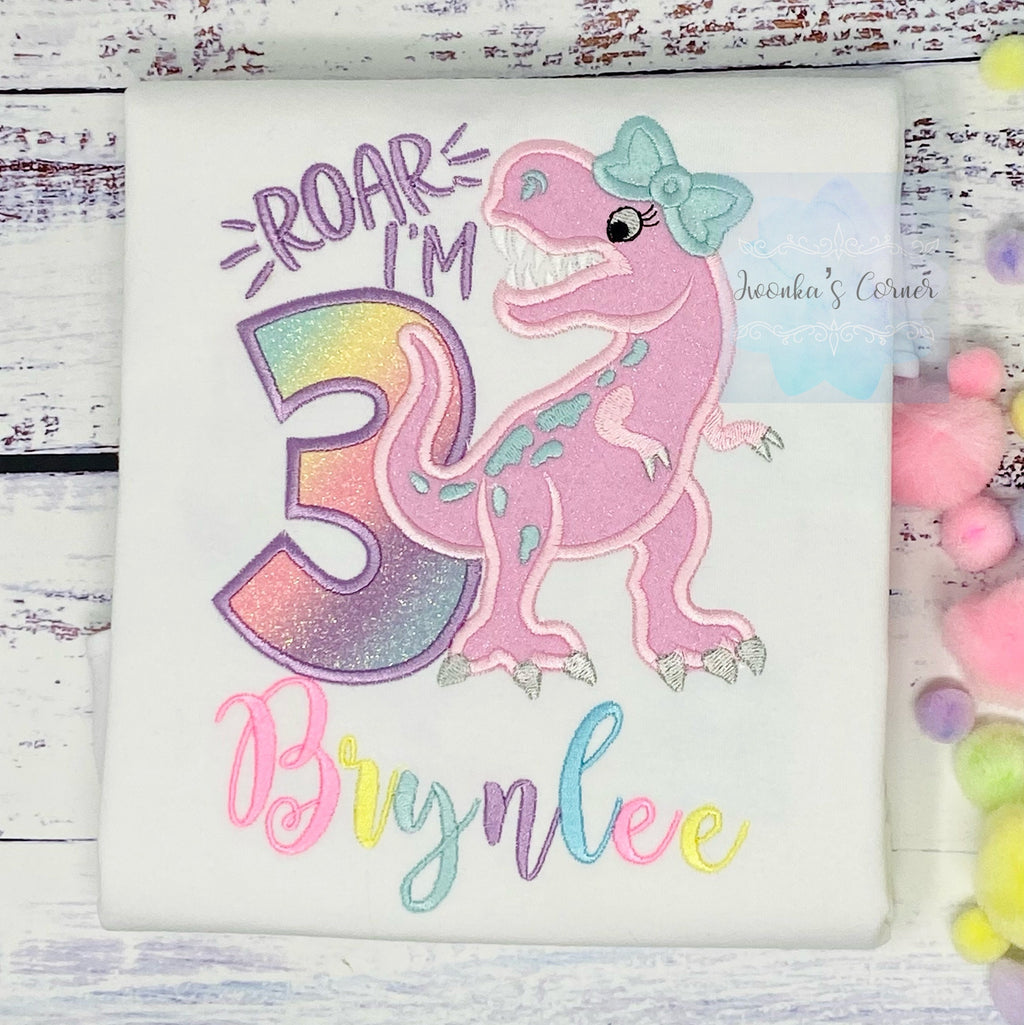 Girl 3rd birthday T Rex embroidery shirt, Dinosaur themed shirt, Pink dinosaur embroidery, Any age