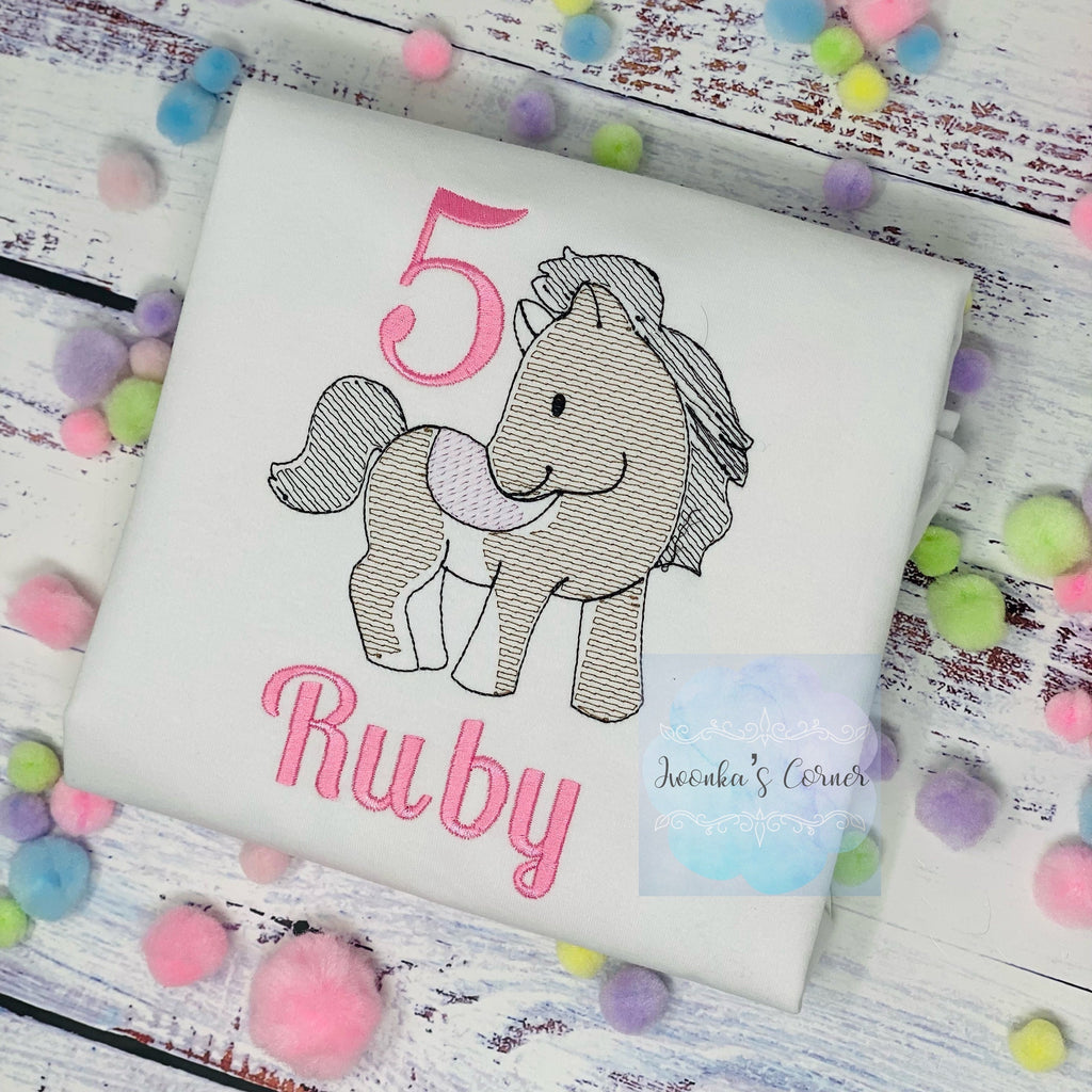 Girl 5th Birthday Shirt With cute bay Pony, Birthday Shirt with Ponny and Saddle, 4th, 6th 7th Horse Embroidery Birthday Shirt, sketch