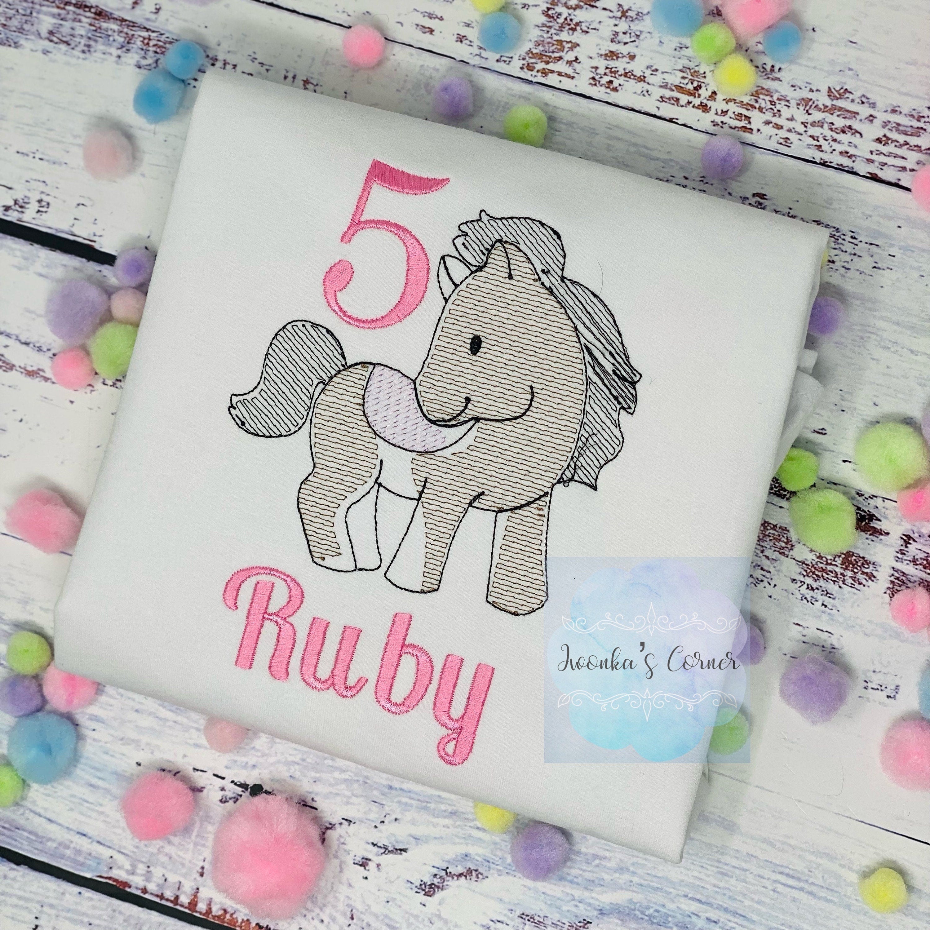 Girl 5th Birthday Shirt With cute bay Pony, Birthday Shirt with Ponny and Saddle, 4th, 6th 7th Horse Embroidery Birthday Shirt, sketch