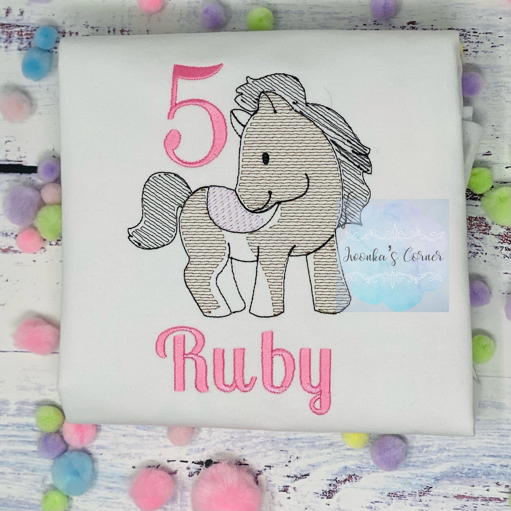 Girl 5th Birthday Shirt With cute bay Pony, Birthday Shirt with Ponny and Saddle, 4th, 6th 7th Horse Embroidery Birthday Shirt, sketch