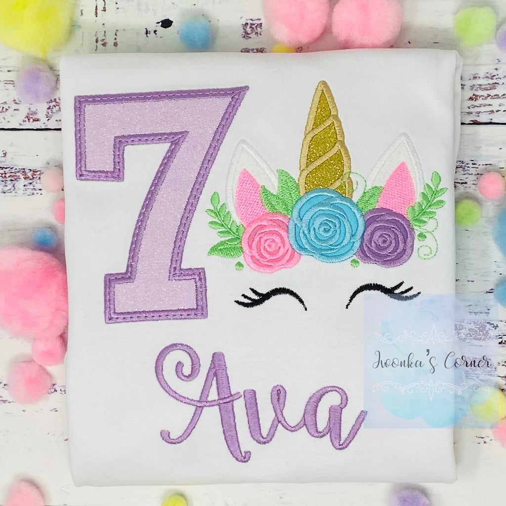 7th Birthday Unicorn Shirt, Girl Purple Number Uni Outfit, Unicorn birthday, Rainbow Unicorn outfit, Unicorn embroidery gift, Any age