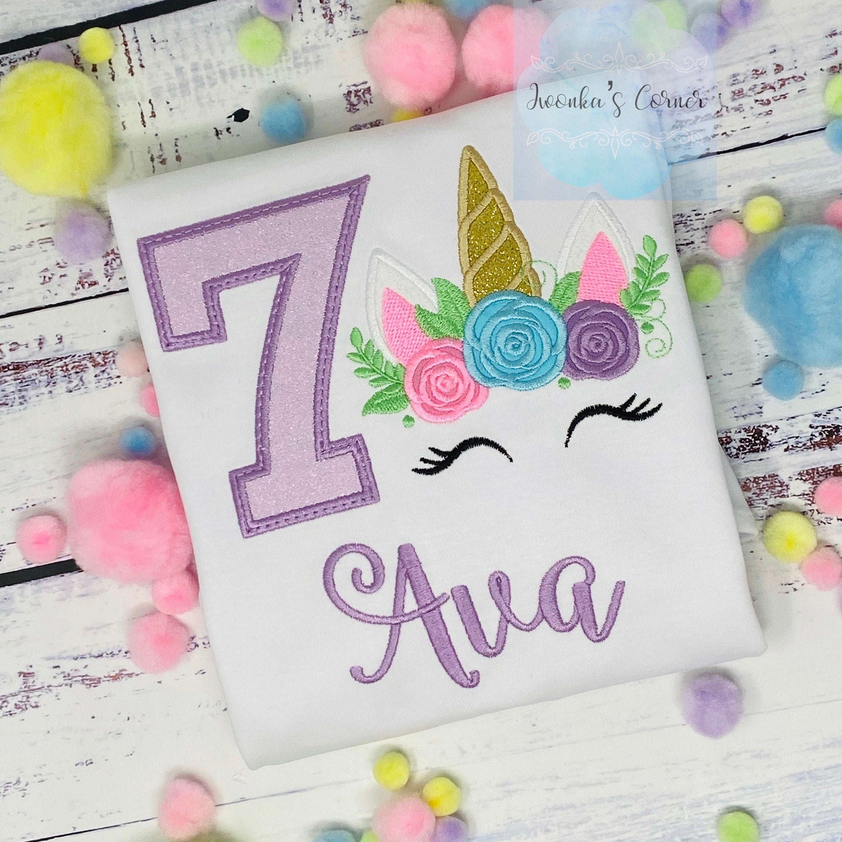 7th Birthday Unicorn Shirt, Girl Purple Number Uni Outfit, Unicorn birthday, Rainbow Unicorn outfit, Unicorn embroidery gift, Any age