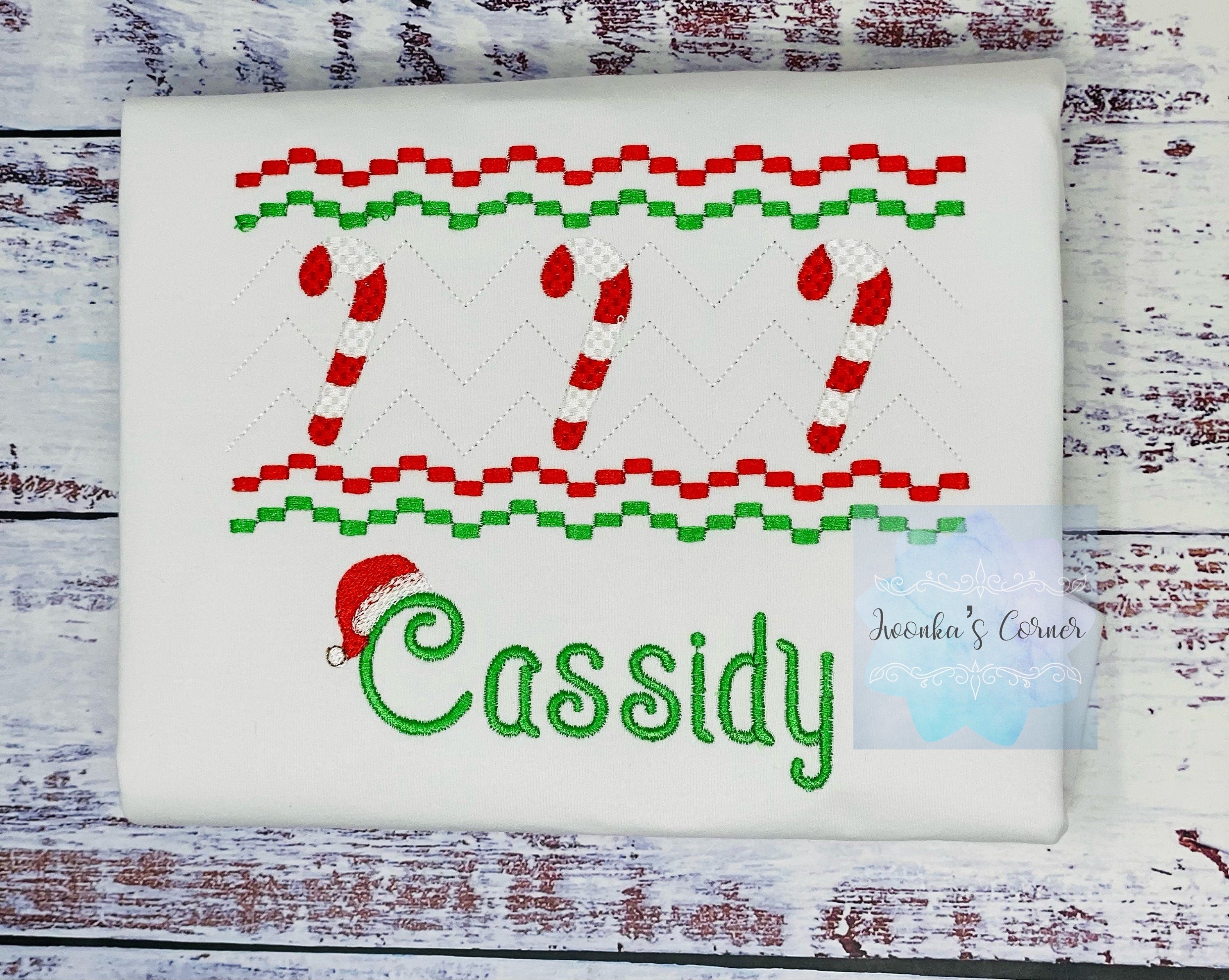 Christmas Pesonalized Kids Tee with Cane Candy, Holiday Christmas Embroidery Smocked Design, Any age