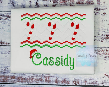 Christmas Pesonalized Kids Tee with Cane Candy, Holiday Christmas Embroidery Smocked Design, Any age