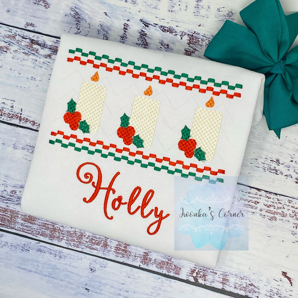 Christmas Pesonalized Embroidery Kids Tee with Candle and Holly plant, Holiday Christmas Embroidery Smocked Design,