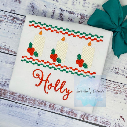 Christmas Pesonalized Embroidery Kids Tee with Candle and Holly plant, Holiday Christmas Embroidery Smocked Design,