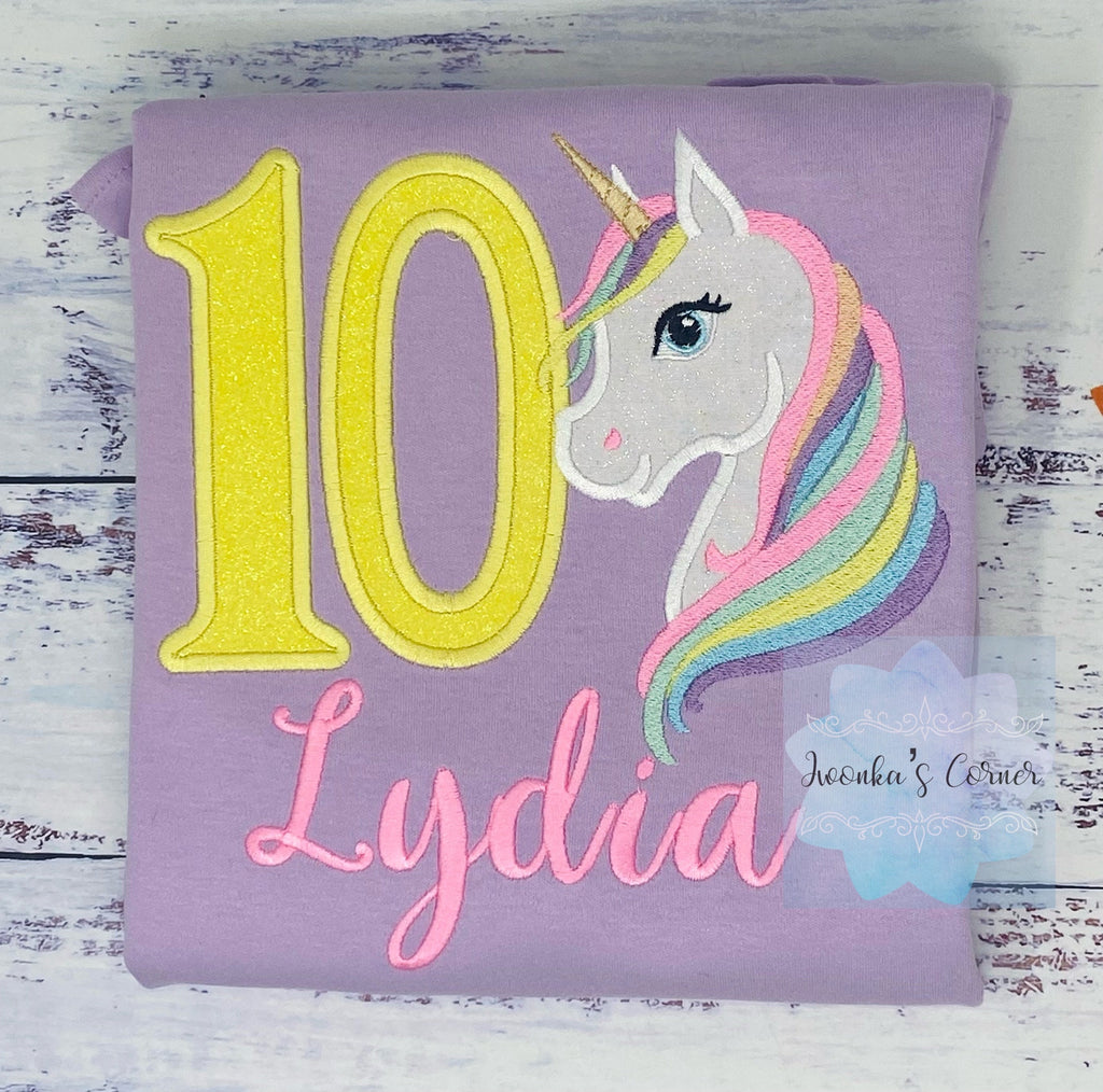 10th Birthday Pastel Unicorn Shirt, Girl Rainbow Pastel Unicorn Birthday, Gold Horn Unicorn birthday, Rainbow Unicorn, Unicorn embroidery