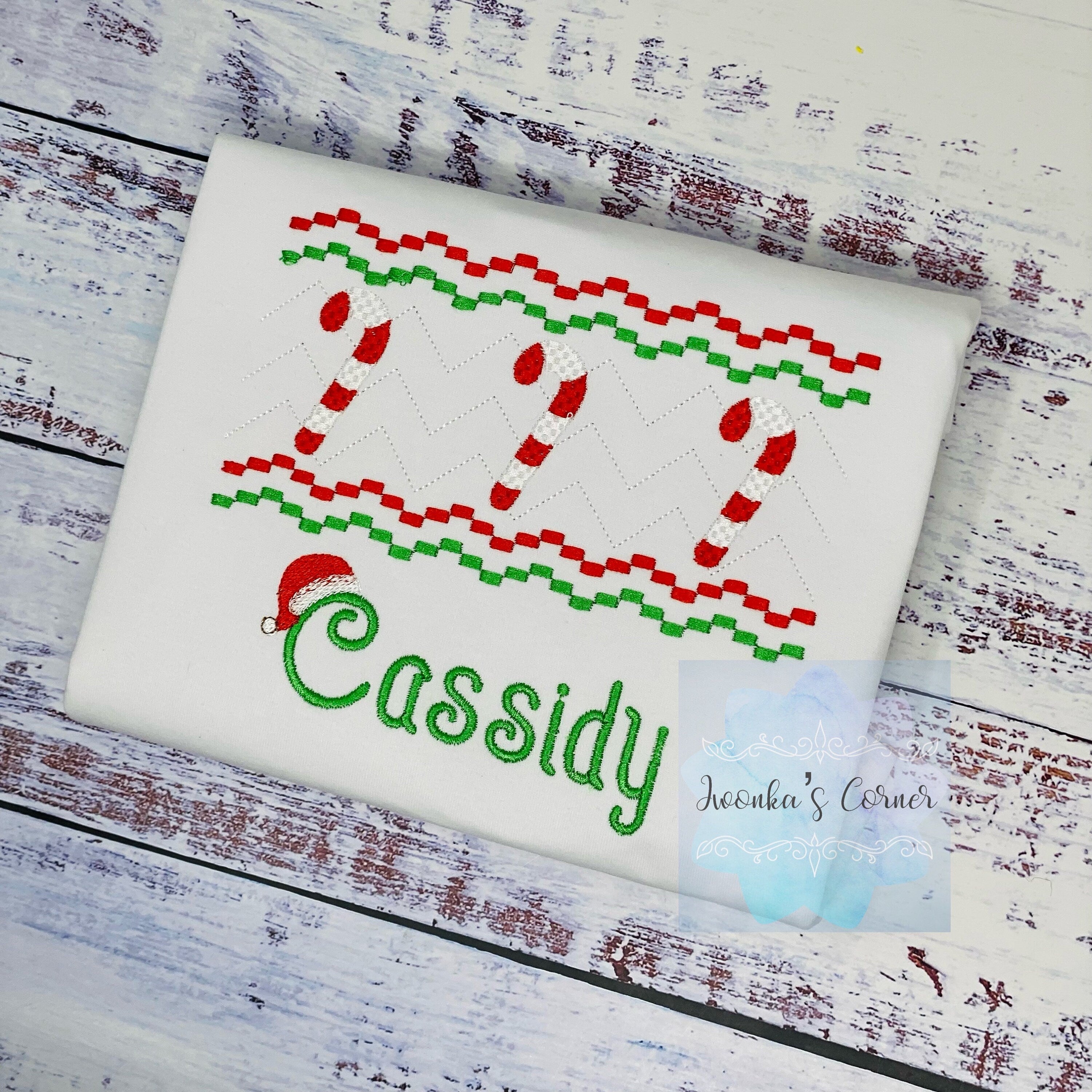 Christmas Pesonalized Kids Tee with Cane Candy, Holiday Christmas Embroidery Smocked Design, Any age