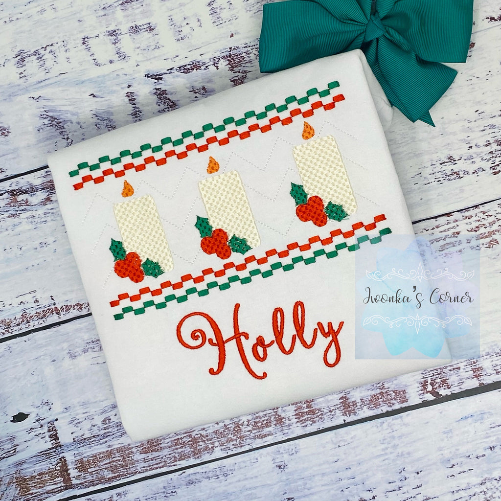 Christmas Pesonalized Embroidery Kids Tee with Candle and Holly plant, Holiday Christmas Embroidery Smocked Design,
