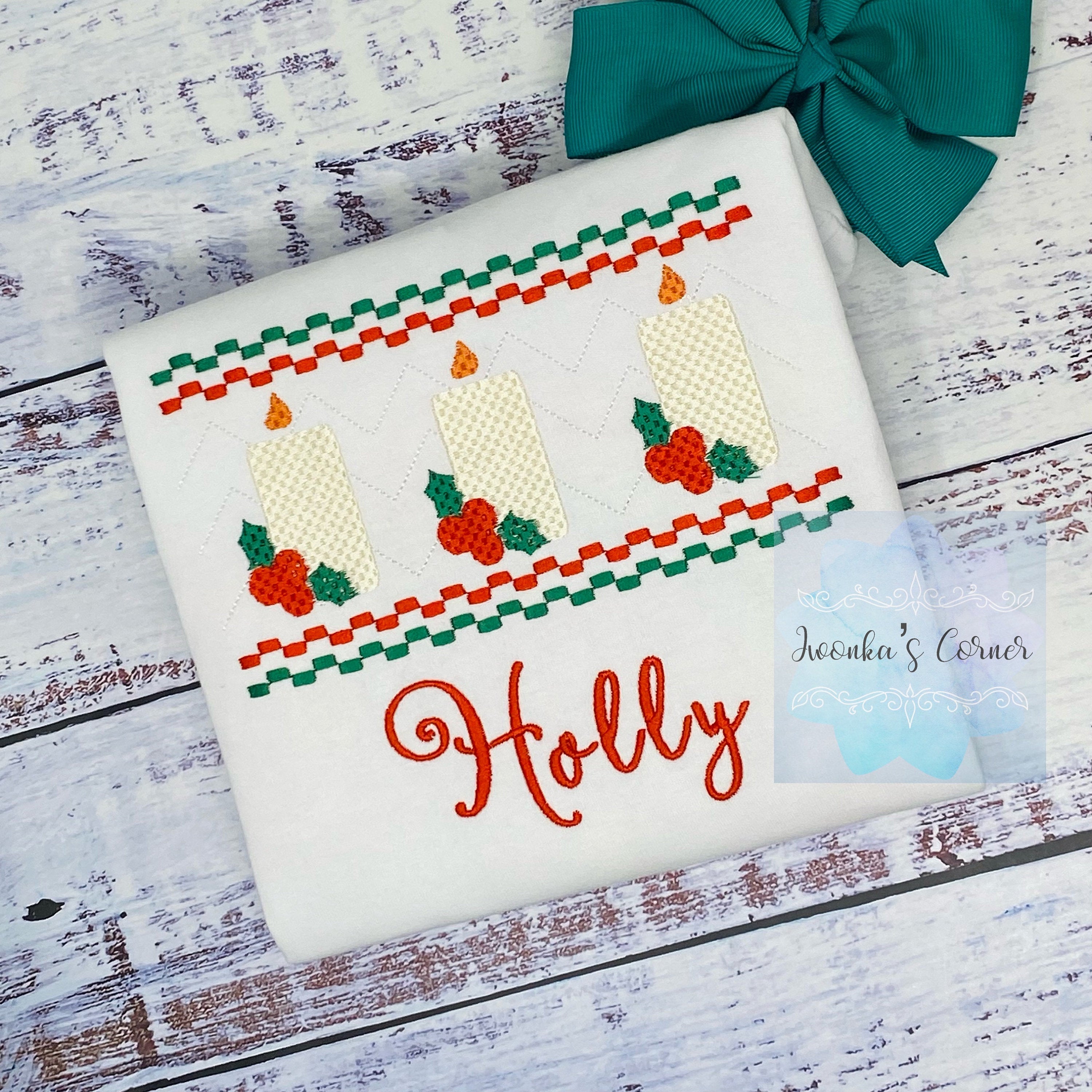Christmas Pesonalized Embroidery Kids Tee with Candle and Holly plant, Holiday Christmas Embroidery Smocked Design,