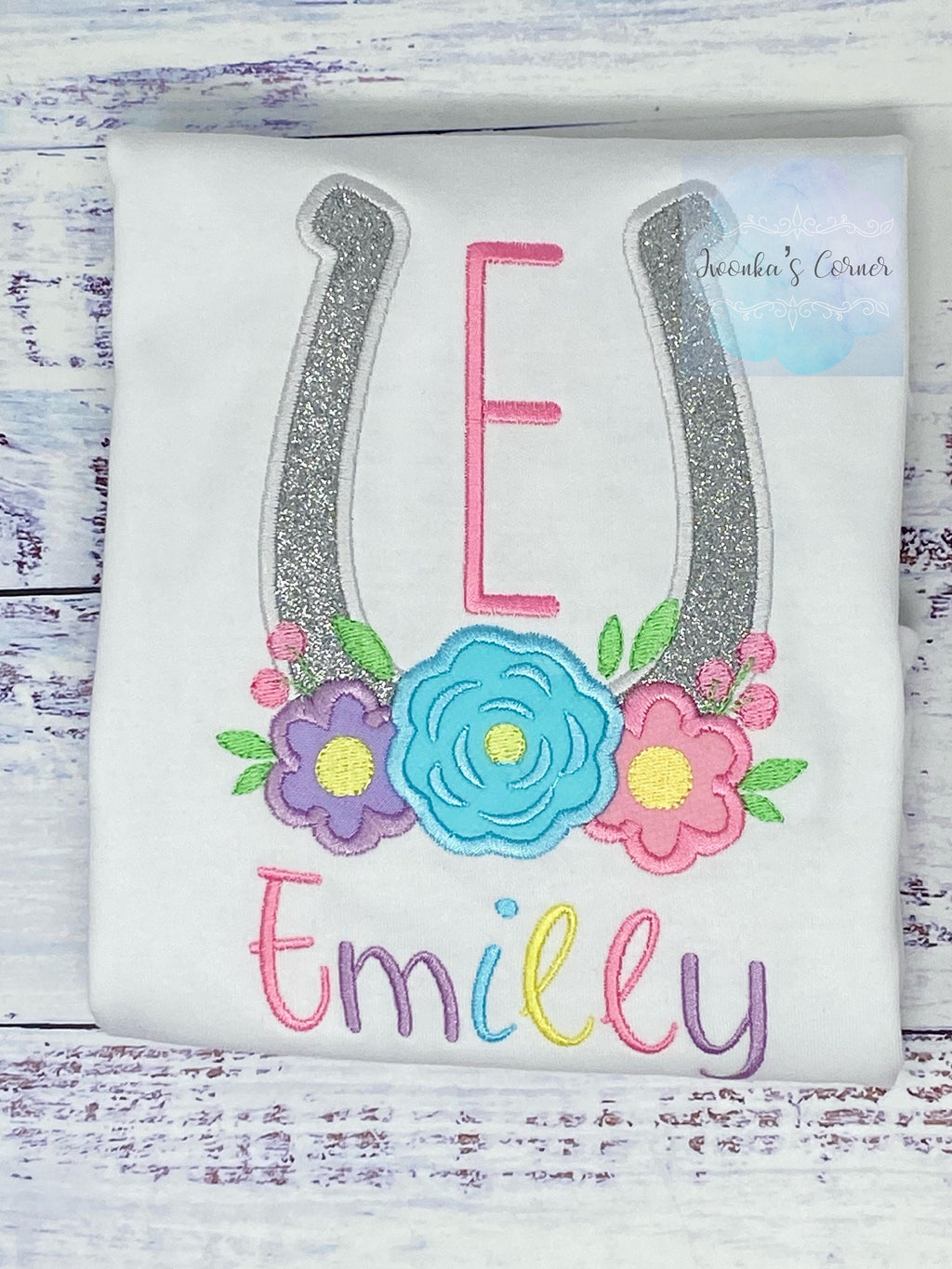Girl Shirt With horseshoe, Horse lover gift, Monogram Tee with Lucky horse shoe,Shirt with flowers, Horse Embroidery Birthday gift