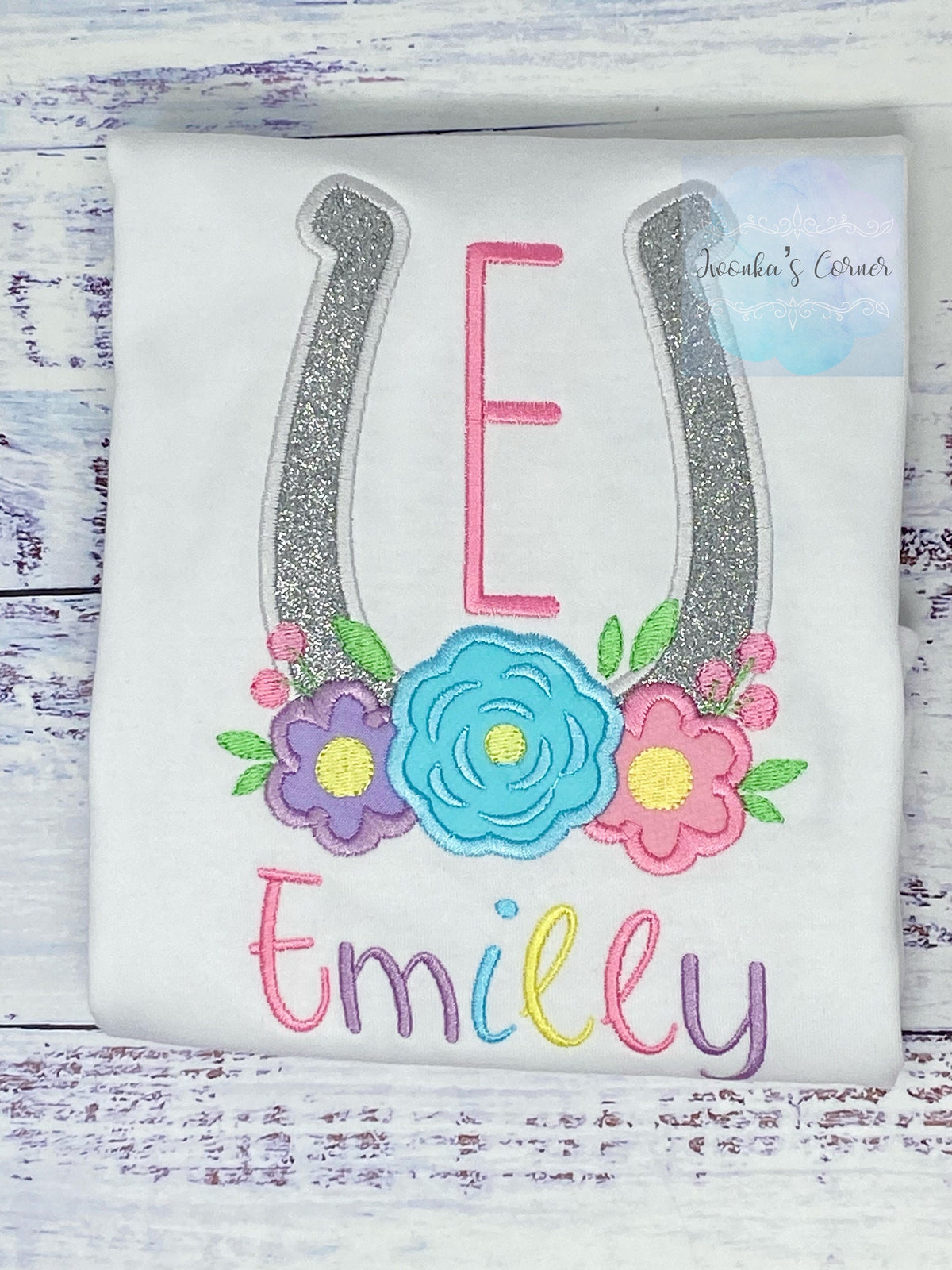 Girl Shirt With horseshoe, Horse lover gift, Monogram Tee with Lucky horse shoe,Shirt with flowers, Horse Embroidery Birthday gift