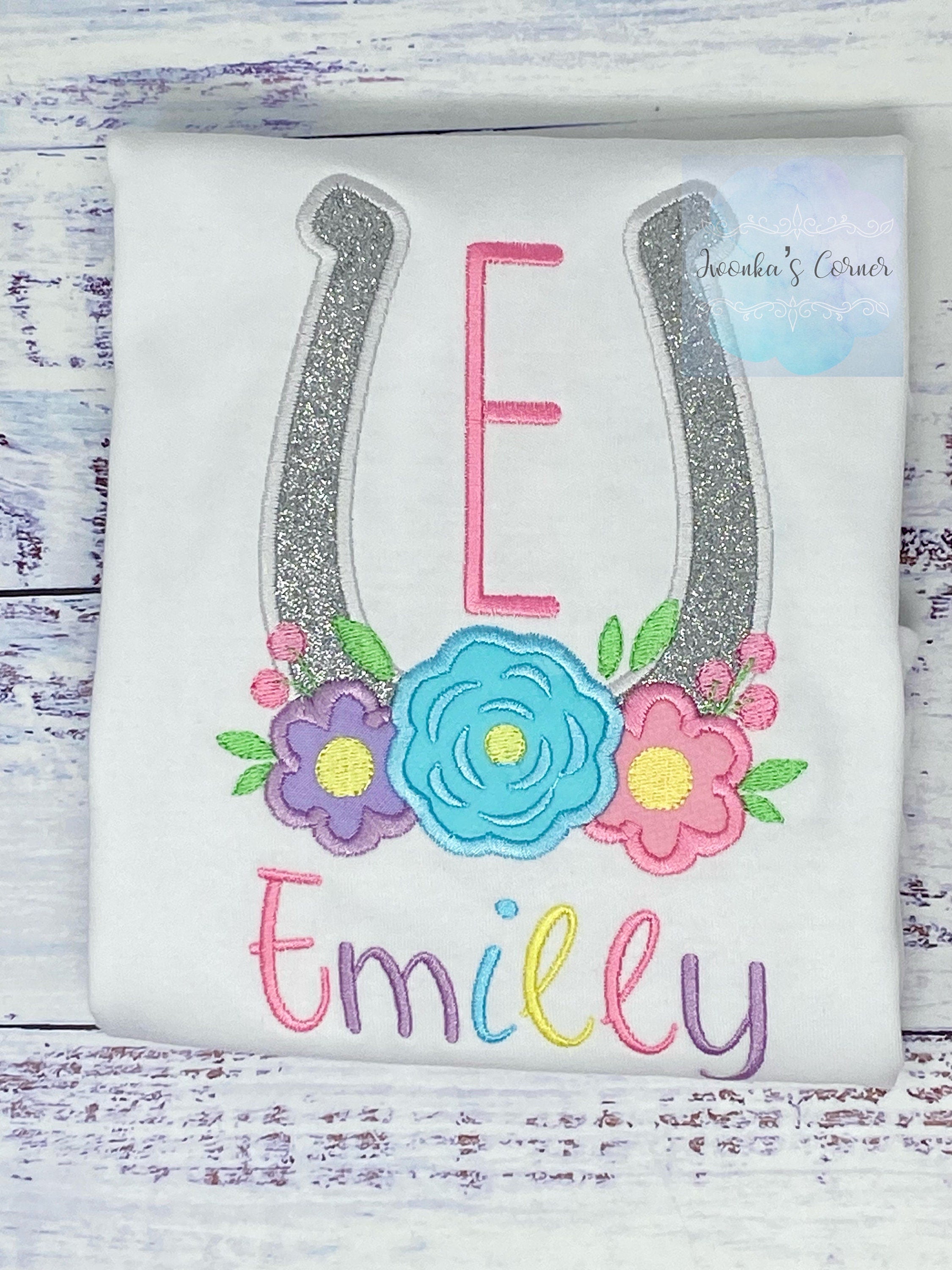 Girl Shirt With horseshoe, Horse lover gift, Monogram Tee with Lucky horse shoe,Shirt with flowers, Horse Embroidery Birthday gift
