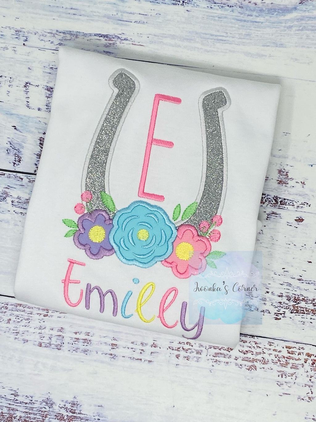 Girl Shirt With horseshoe, Horse lover gift, Monogram Tee with Lucky horse shoe,Shirt with flowers, Horse Embroidery Birthday gift