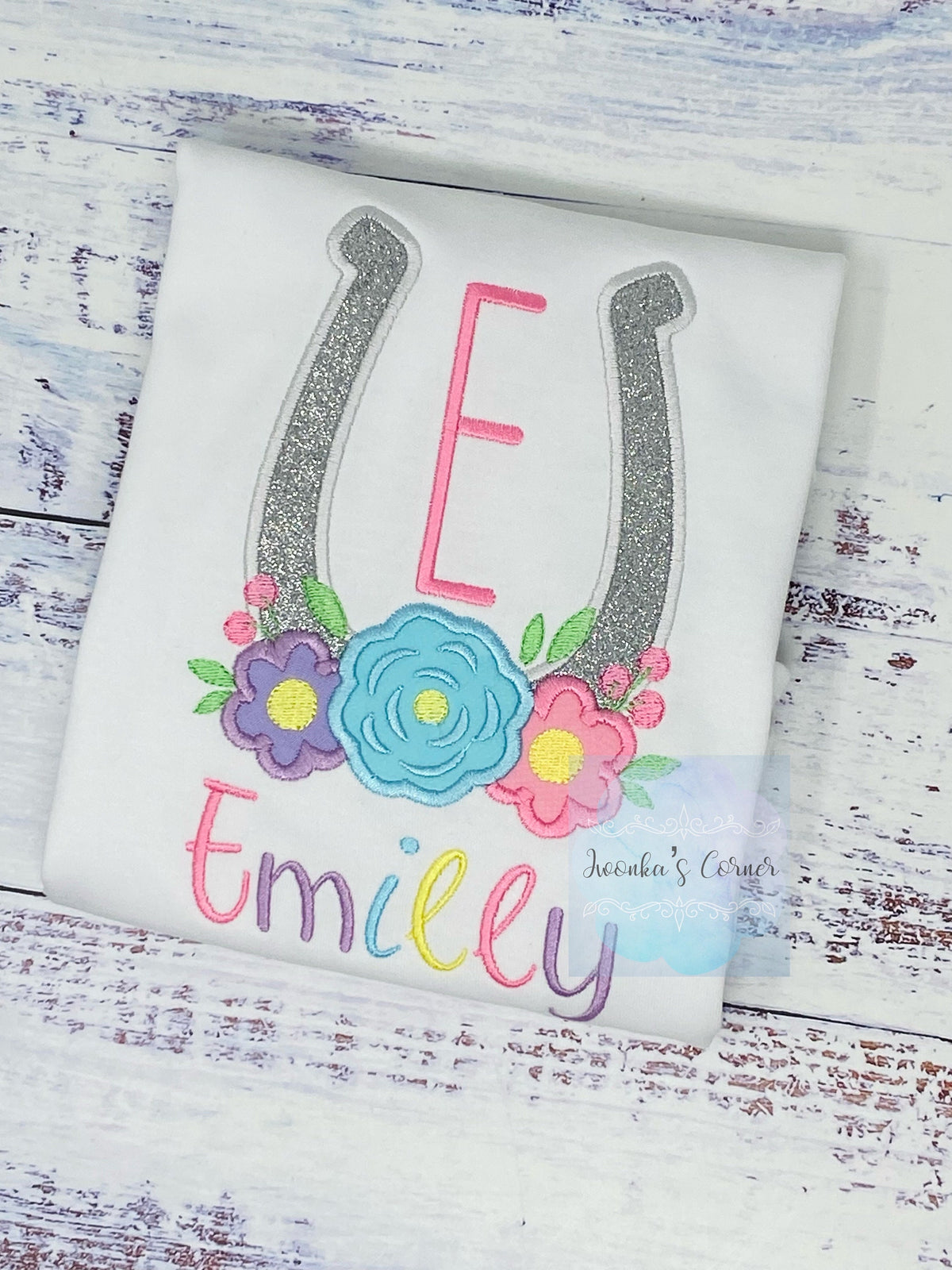 Girl Shirt With horseshoe, Horse lover gift, Monogram Tee with Lucky horse shoe,Shirt with flowers, Horse Embroidery Birthday gift